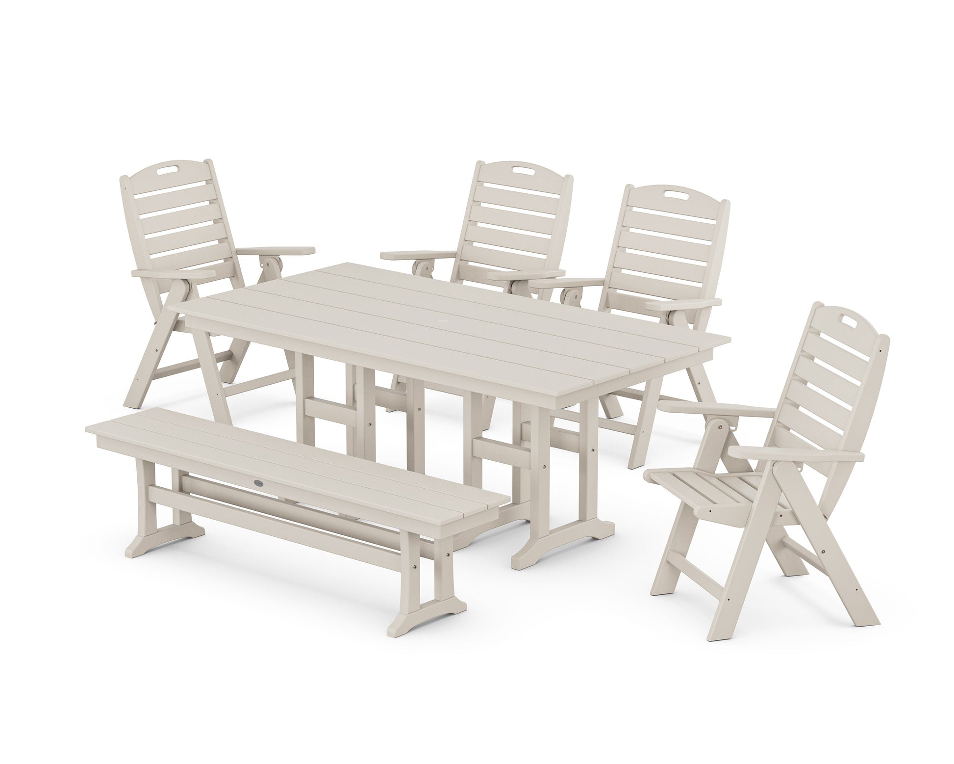 POLYWOOD Nautical Highback 6-Piece Farmhouse Dining Set with Bench — Sand