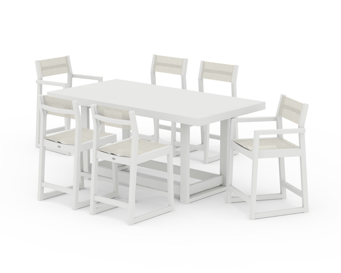 POLYWOOD EDGE Sling 7-Piece Counter Table Set — Vintage White / Parchment Sling