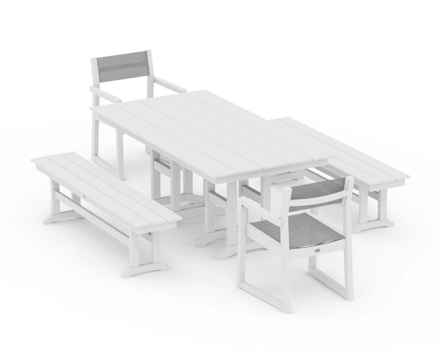 POLYWOOD EDGE Sling Arm Chair 5-Piece Farmhouse Dining Set with Benches — Vintage White / Metallic Sling