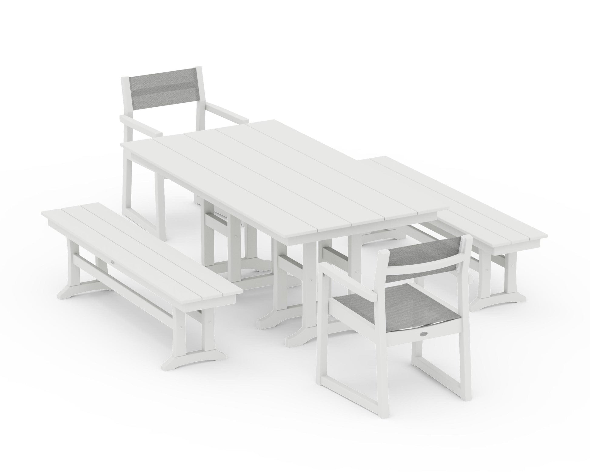 POLYWOOD EDGE Sling Arm Chair 5-Piece Farmhouse Dining Set with Benches — Vintage White / Metallic Sling