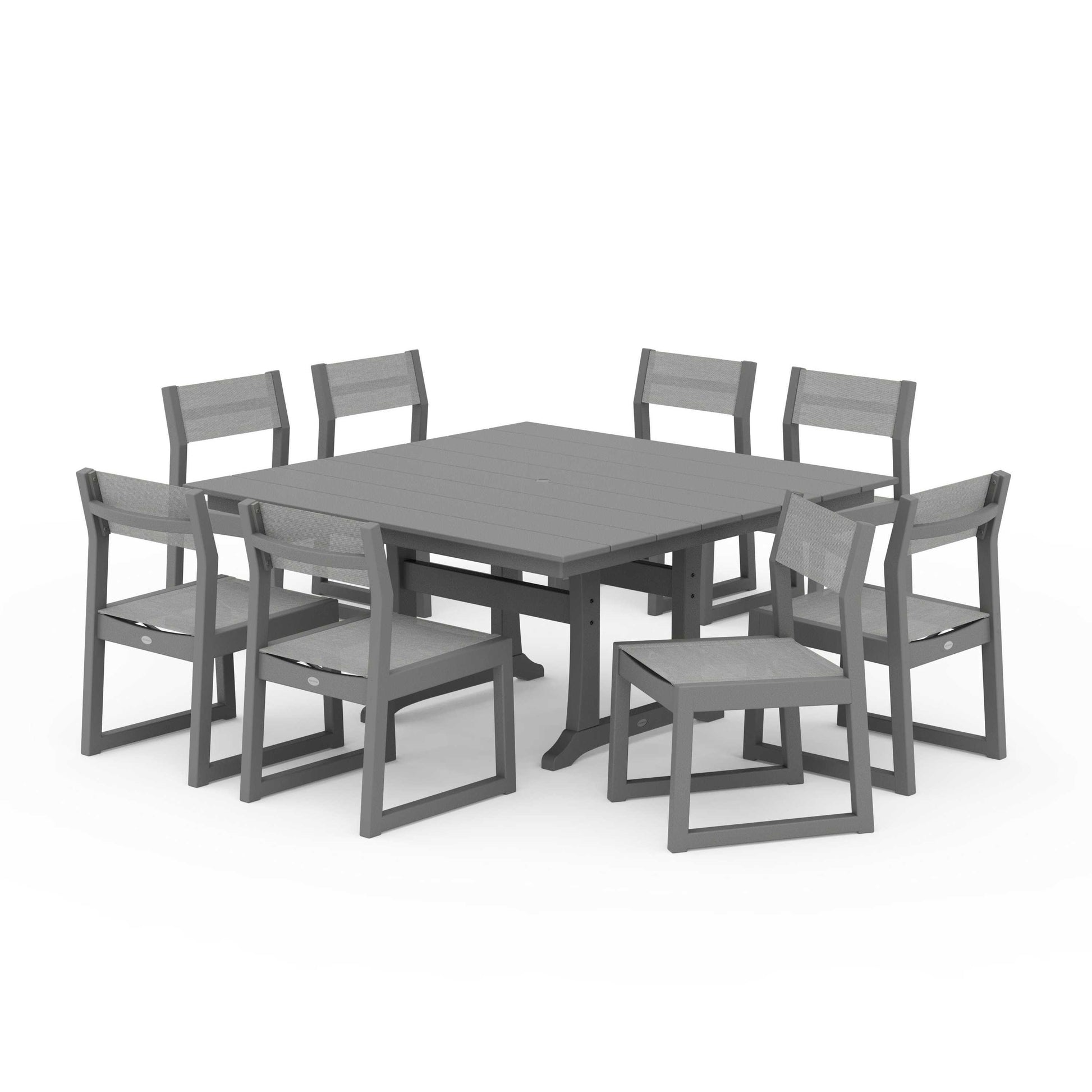 POLYWOOD EDGE Sling Side Chair 9-Piece Farmhouse Trestle Dining Set — Slate Grey / Metallic Sling
