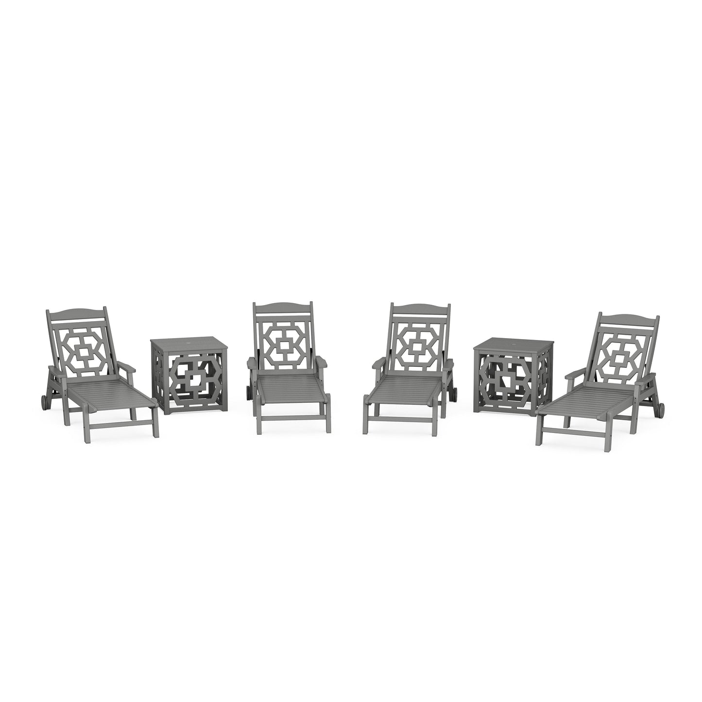 POLYWOOD Chinoiserie 6-Piece Chaise Set with Umbrella Stand Accent Table — Slate Grey