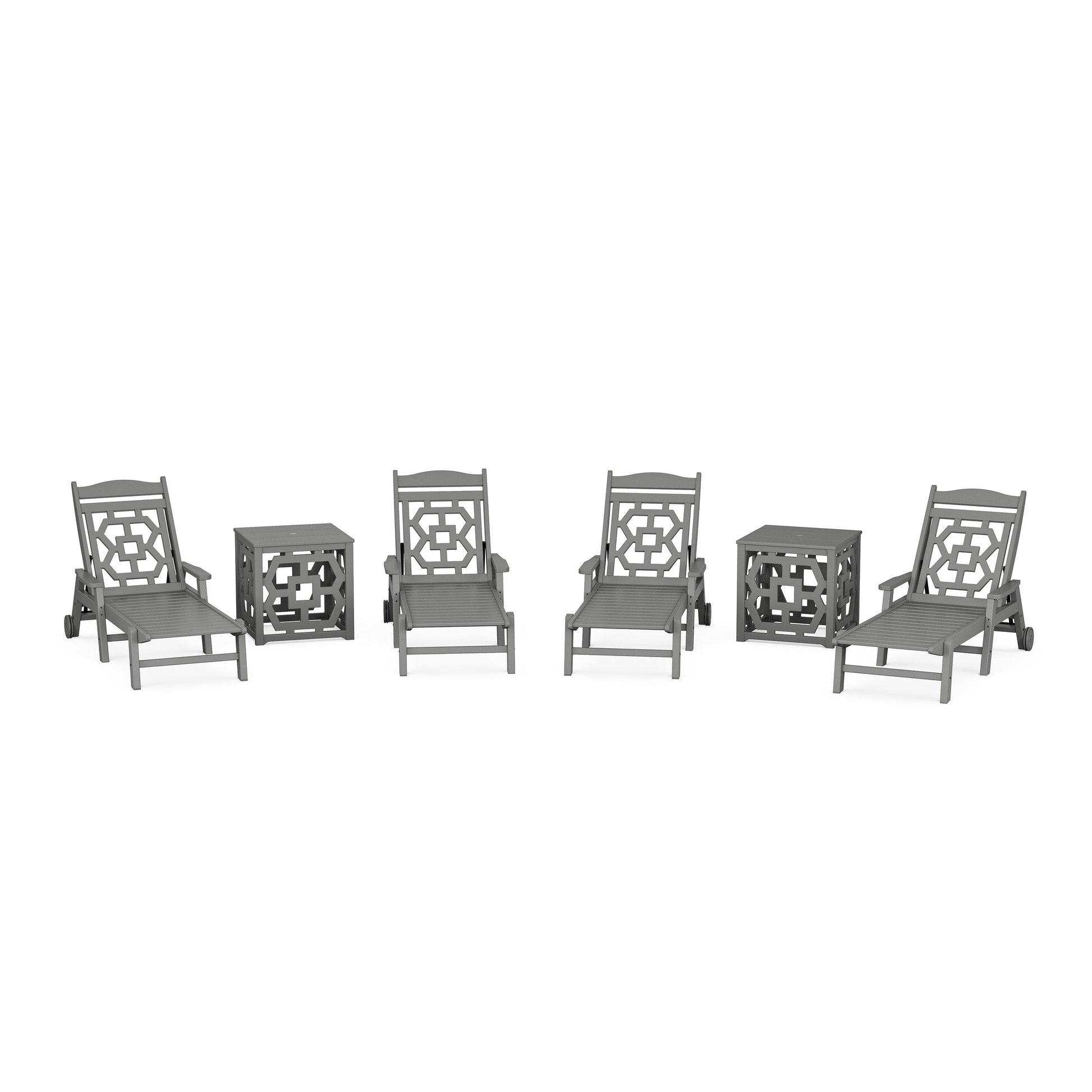 POLYWOOD Chinoiserie 6-Piece Chaise Set with Umbrella Stand Accent Table — Slate Grey