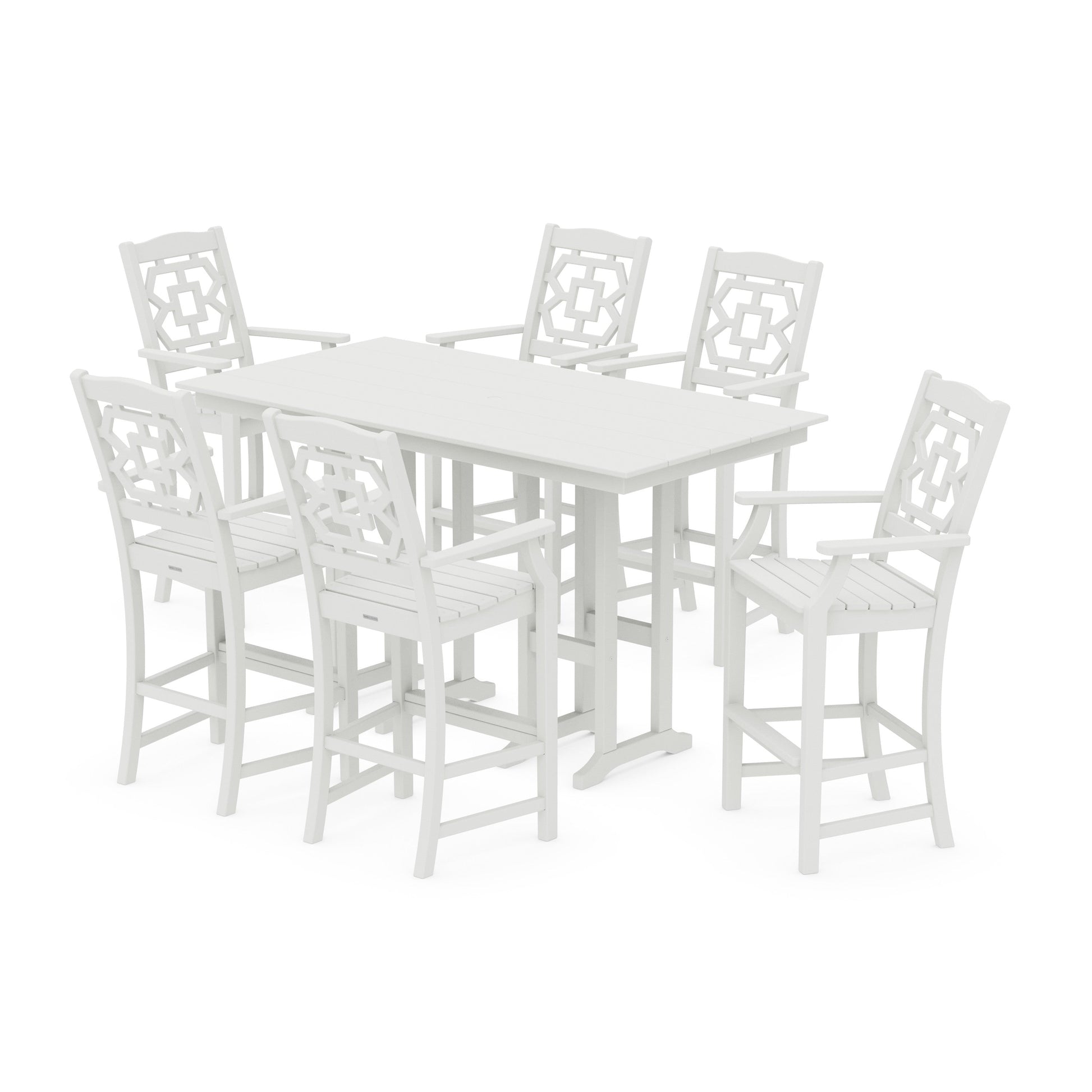 POLYWOOD Chinoiserie Arm Chair 7-Piece Farmhouse Bar Set — Vintage White