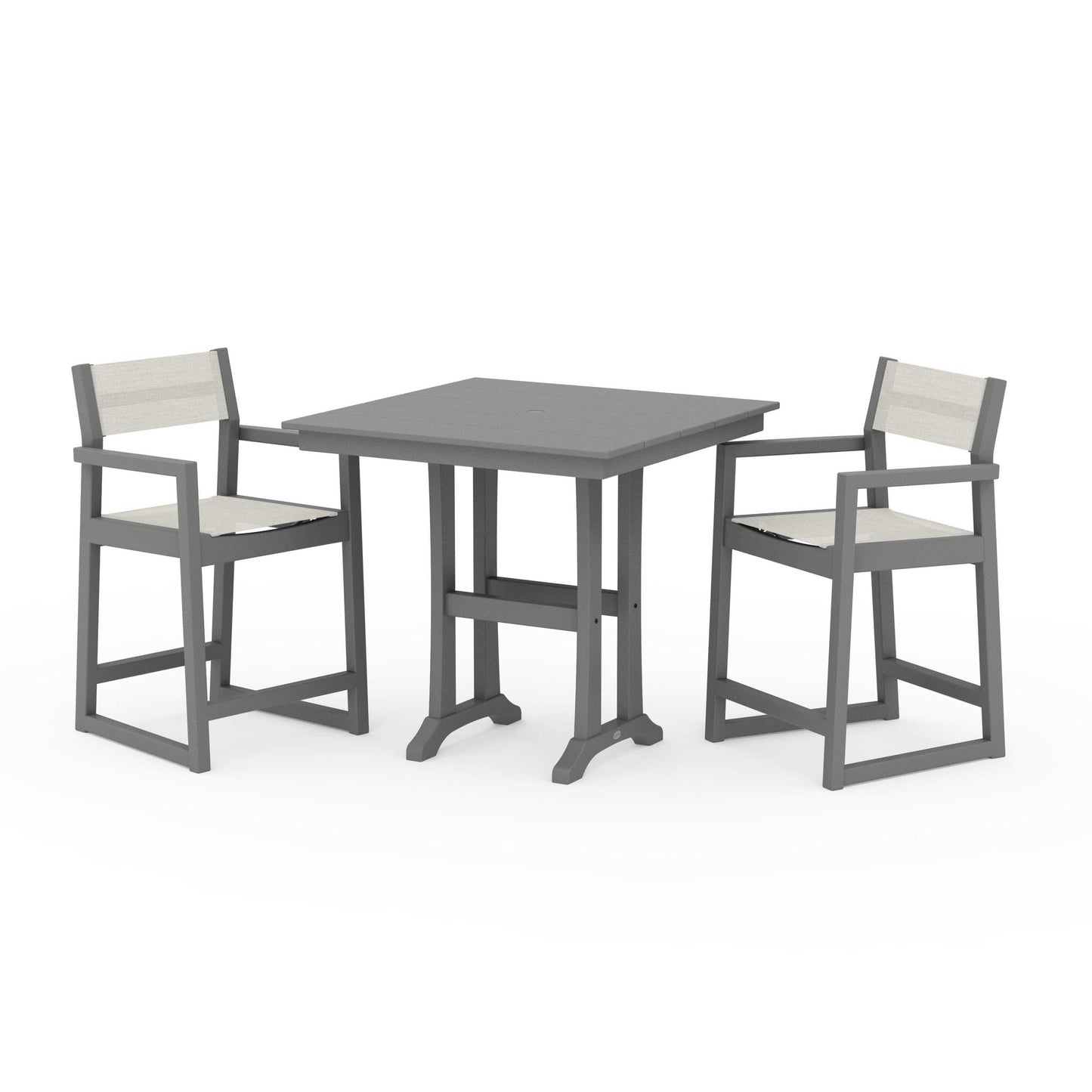 POLYWOOD EDGE Sling Arm Chair 3-Piece Farmhouse Counter Set with Trestle Legs — Slate Grey / Parchment Sling
