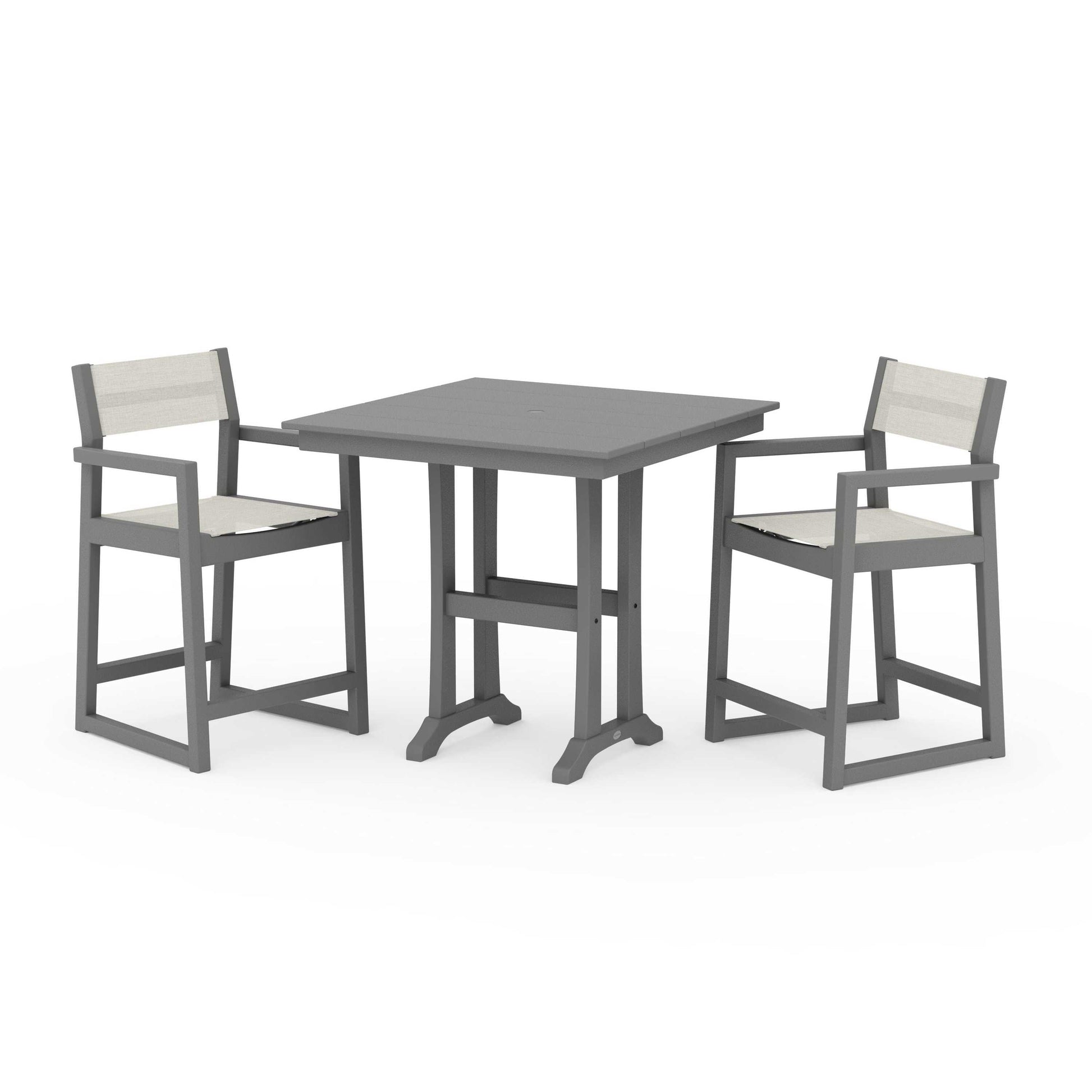 POLYWOOD EDGE Sling Arm Chair 3-Piece Farmhouse Counter Set with Trestle Legs — Slate Grey / Parchment Sling