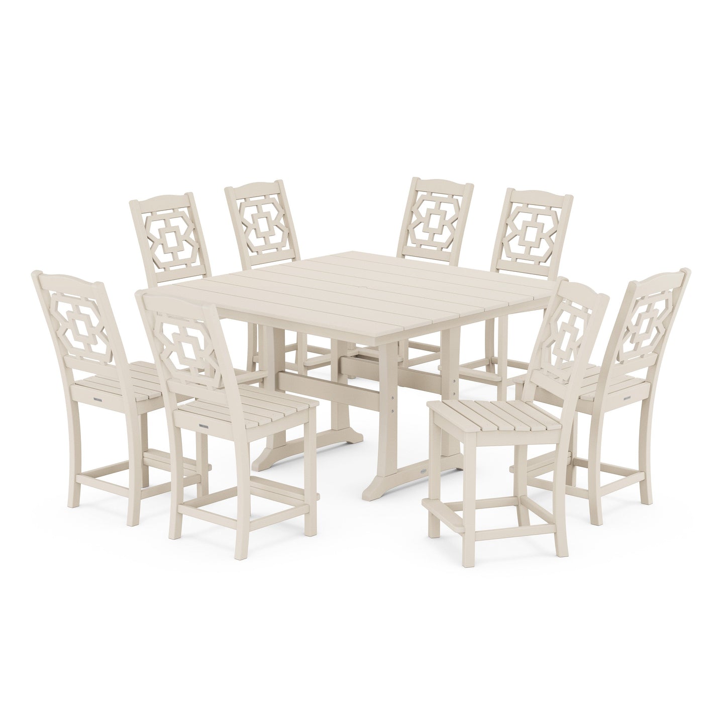 POLYWOOD Chinoiserie 9-Piece Square Farmhouse Side Chair Counter Set with Trestle Legs — Sand