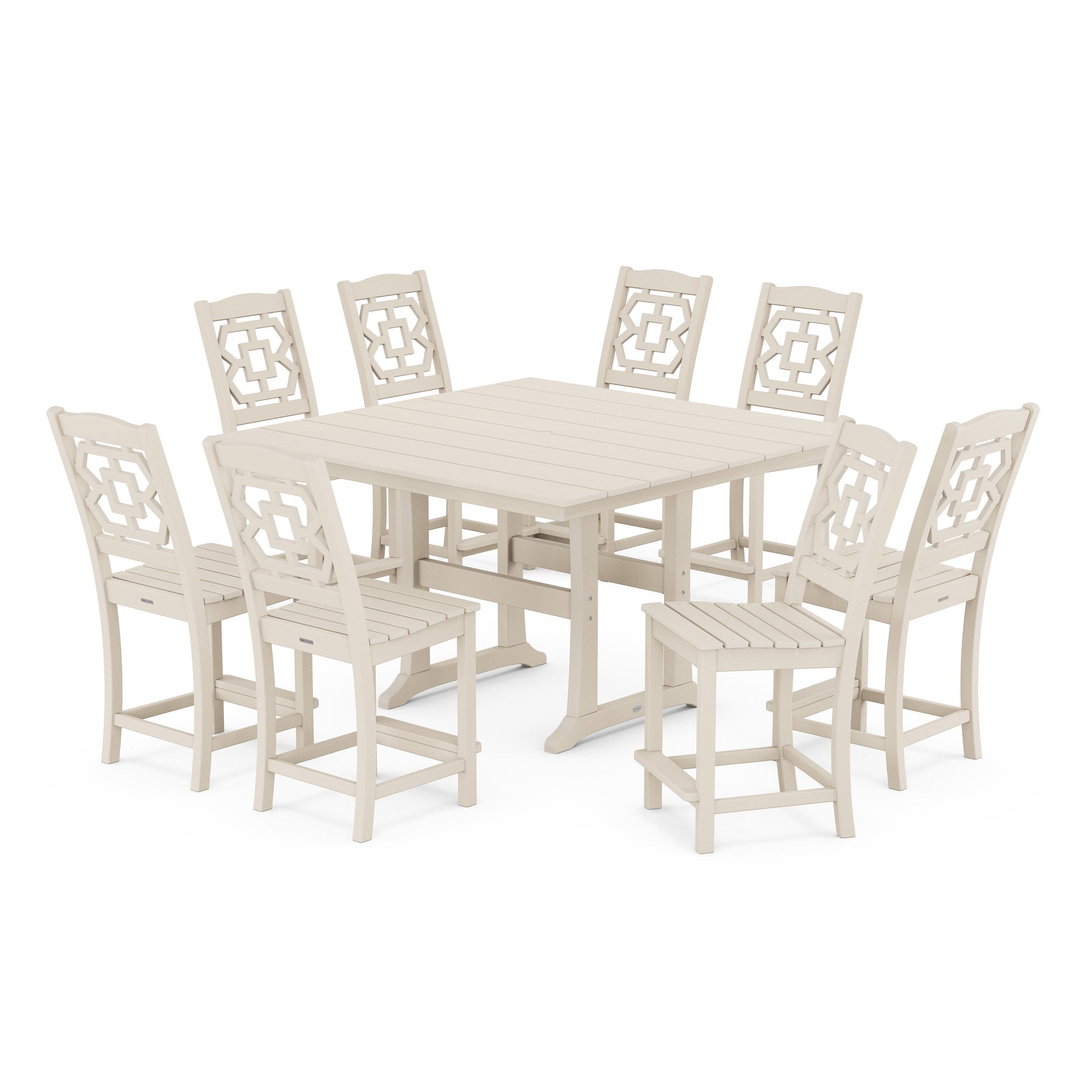 POLYWOOD Chinoiserie 9-Piece Square Farmhouse Side Chair Counter Set with Trestle Legs — Sand