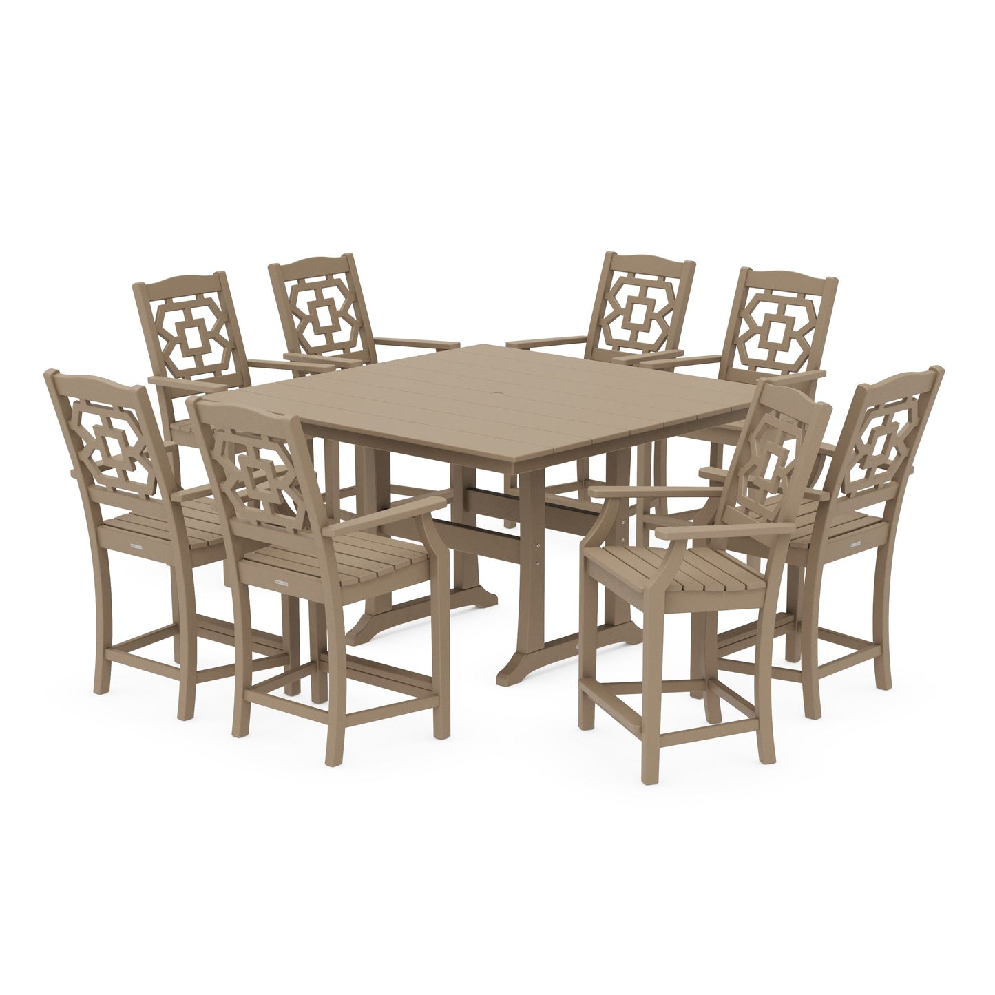 POLYWOOD Chinoiserie 9-Piece Square Farmhouse Counter Set with Trestle Legs — Vintage Sahara