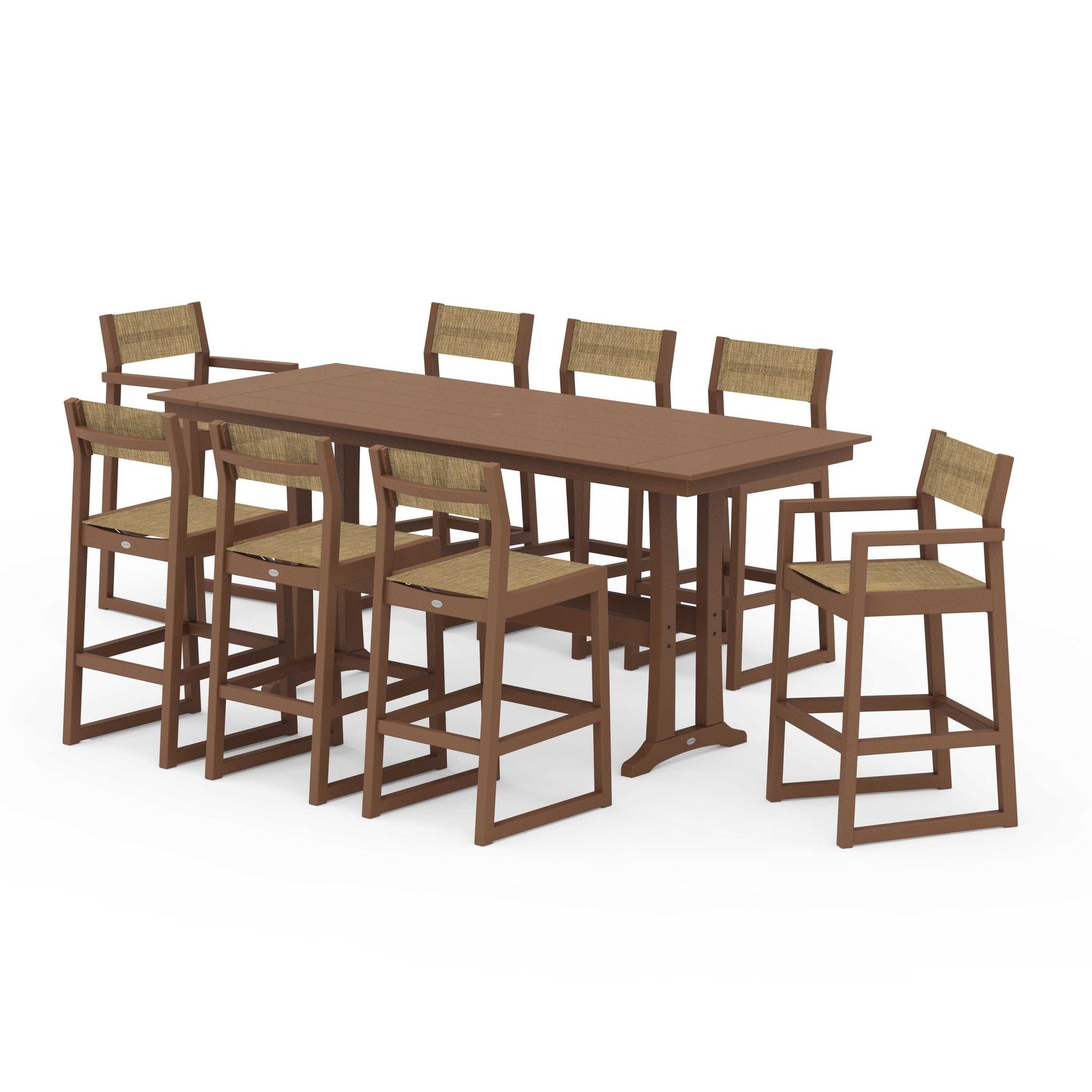 POLYWOOD EDGE Sling 9-Piece Farmhouse Bar Set with Trestle Legs — Teak / Burlap Sling