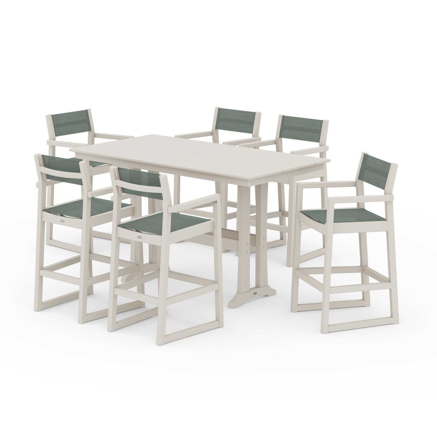 POLYWOOD EDGE Sling Arm Chair 7-Piece Farmhouse Bar Set with Trestle Legs — Sand / Dupioni Sea Mist Sling