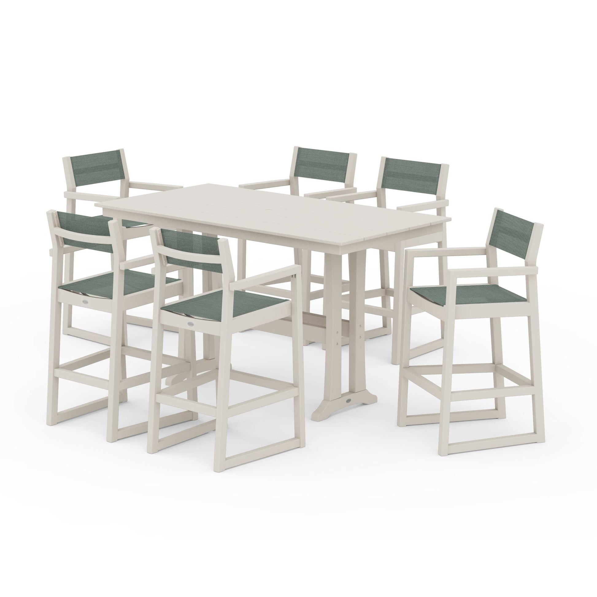 POLYWOOD EDGE Sling Arm Chair 7-Piece Farmhouse Bar Set with Trestle Legs — Sand / Dupioni Sea Mist Sling