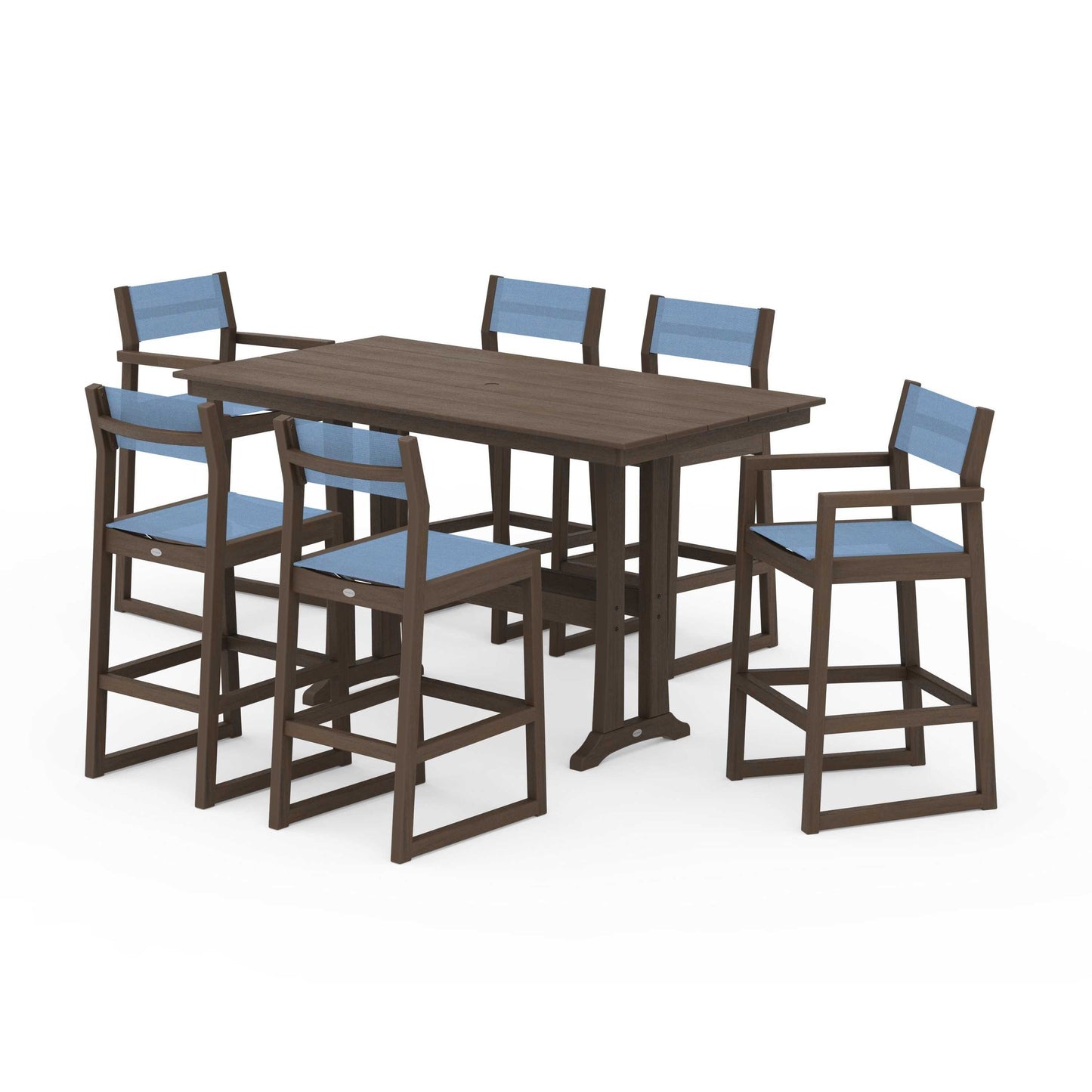 POLYWOOD EDGE Sling 7-Piece Farmhouse Bar Set with Trestle Legs — Kona / Poolside Sling