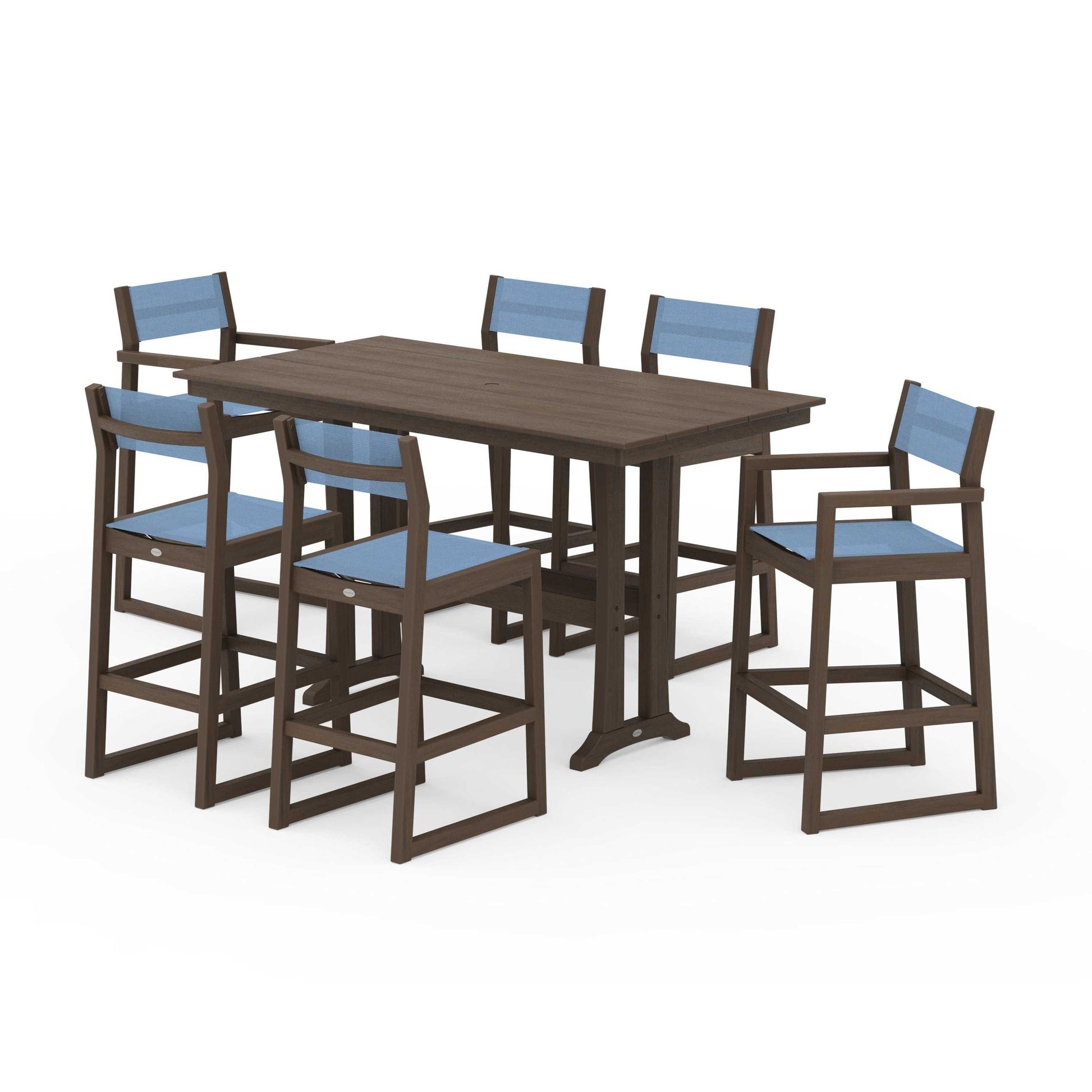 POLYWOOD EDGE Sling 7-Piece Farmhouse Bar Set with Trestle Legs — Kona / Poolside Sling