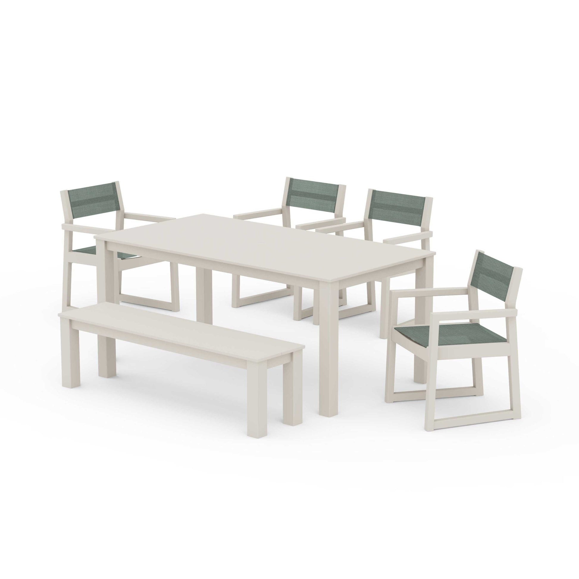 POLYWOOD EDGE Sling Arm Chair 6-Piece Parsons Dining Set with Bench — Sand / Dupioni Sea Mist Sling
