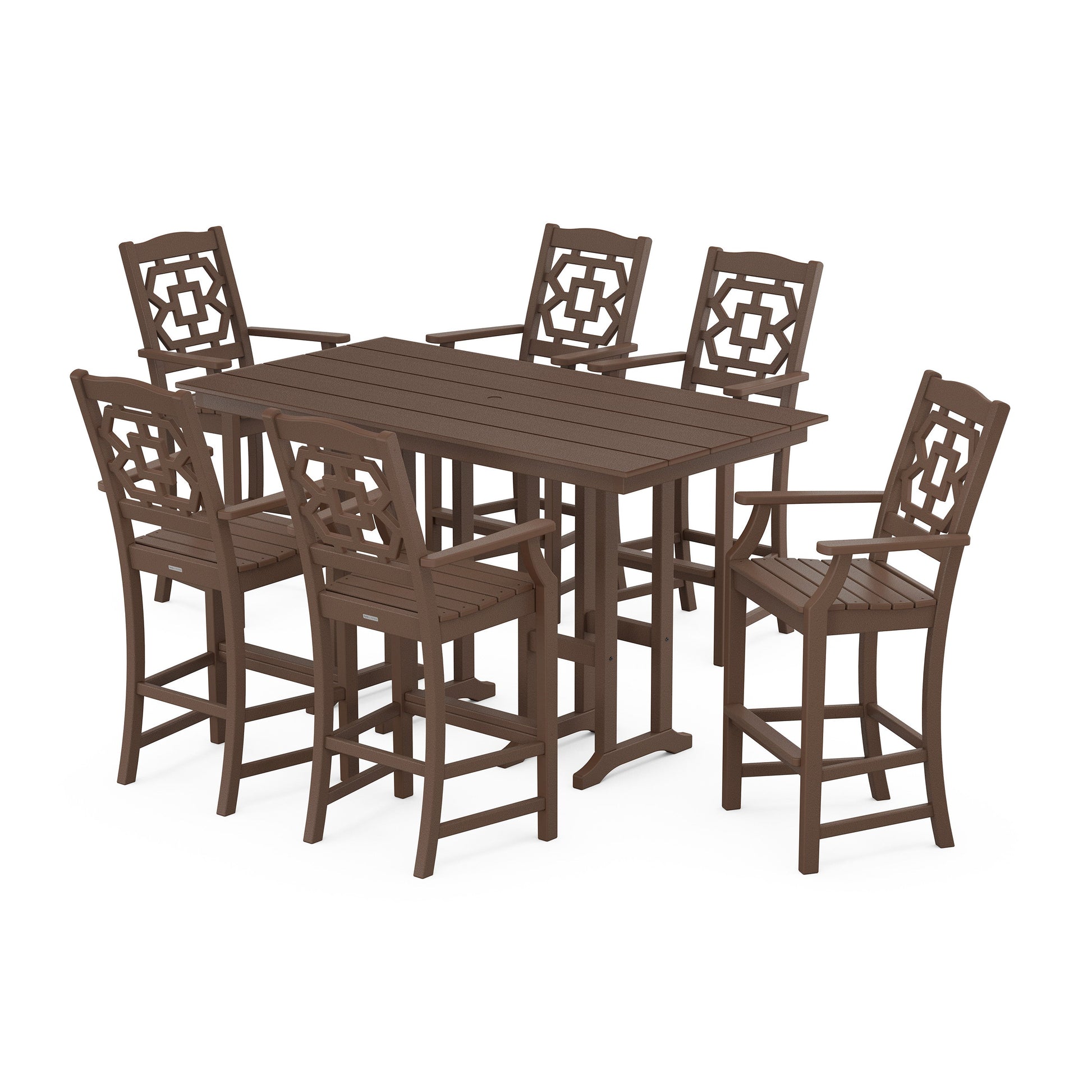 POLYWOOD Chinoiserie Arm Chair 7-Piece Farmhouse Bar Set — Mahogany