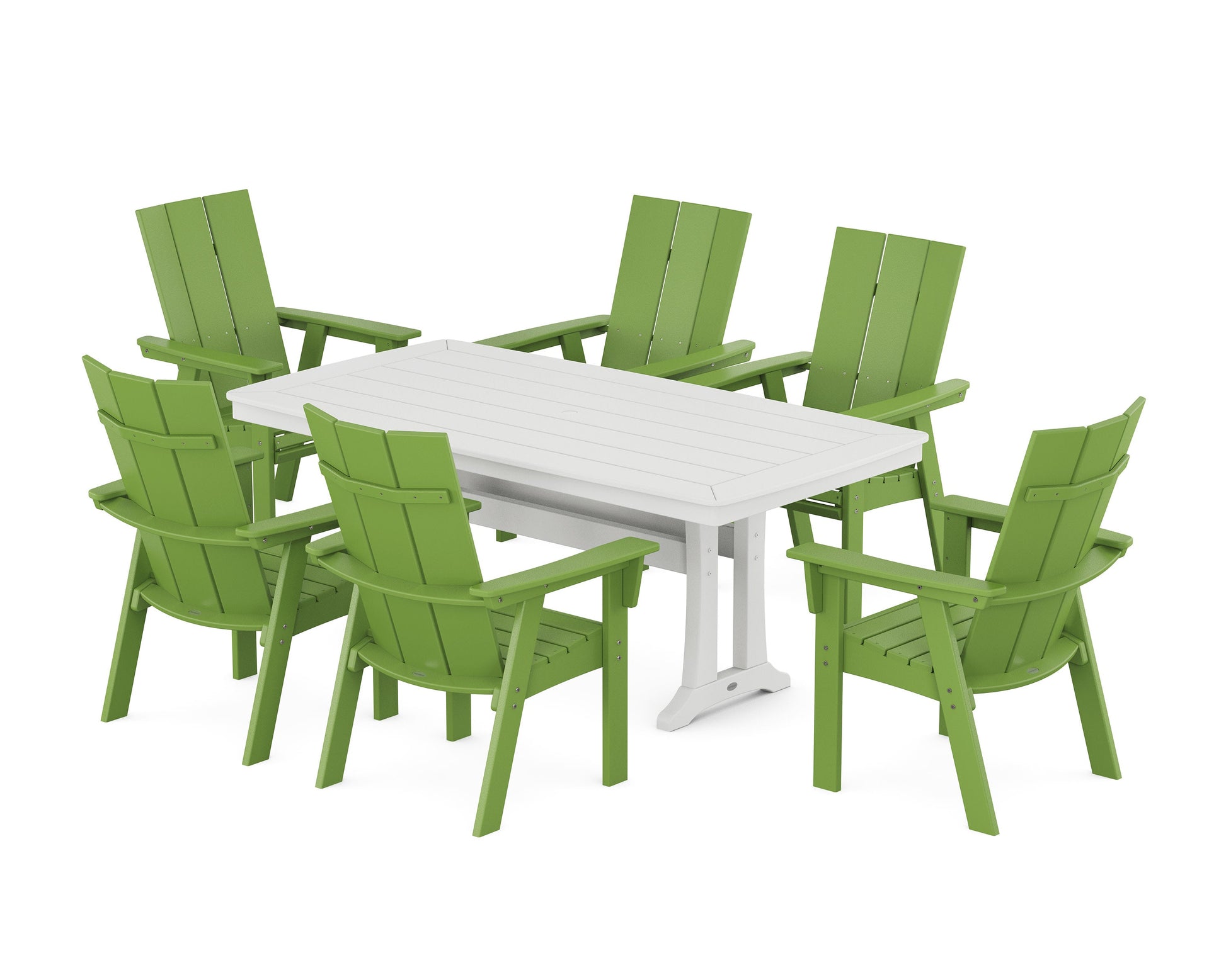 POLYWOOD Modern Curveback Adirondack 7-Piece Dining Set with Trestle Legs — Lime / White