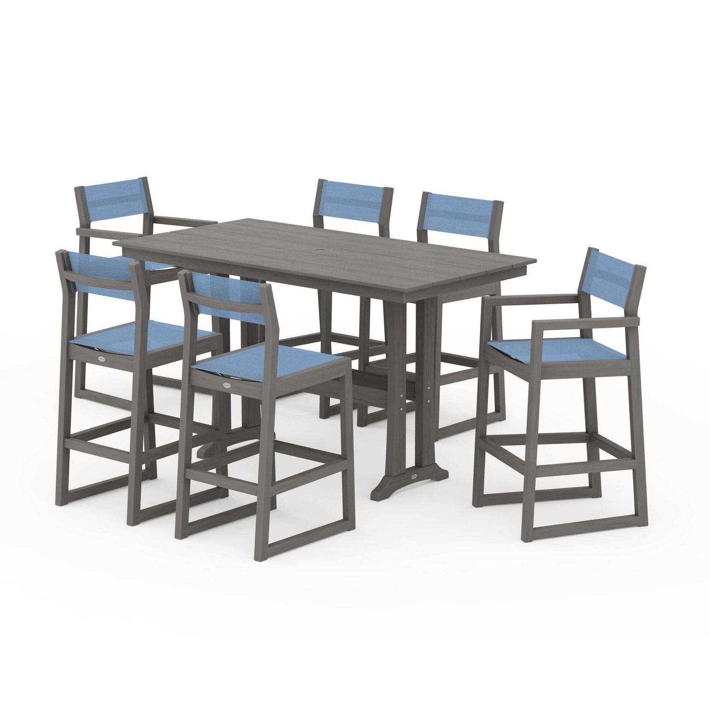 POLYWOOD EDGE Sling 7-Piece Farmhouse Bar Set with Trestle Legs — Driftwood / Poolside Sling