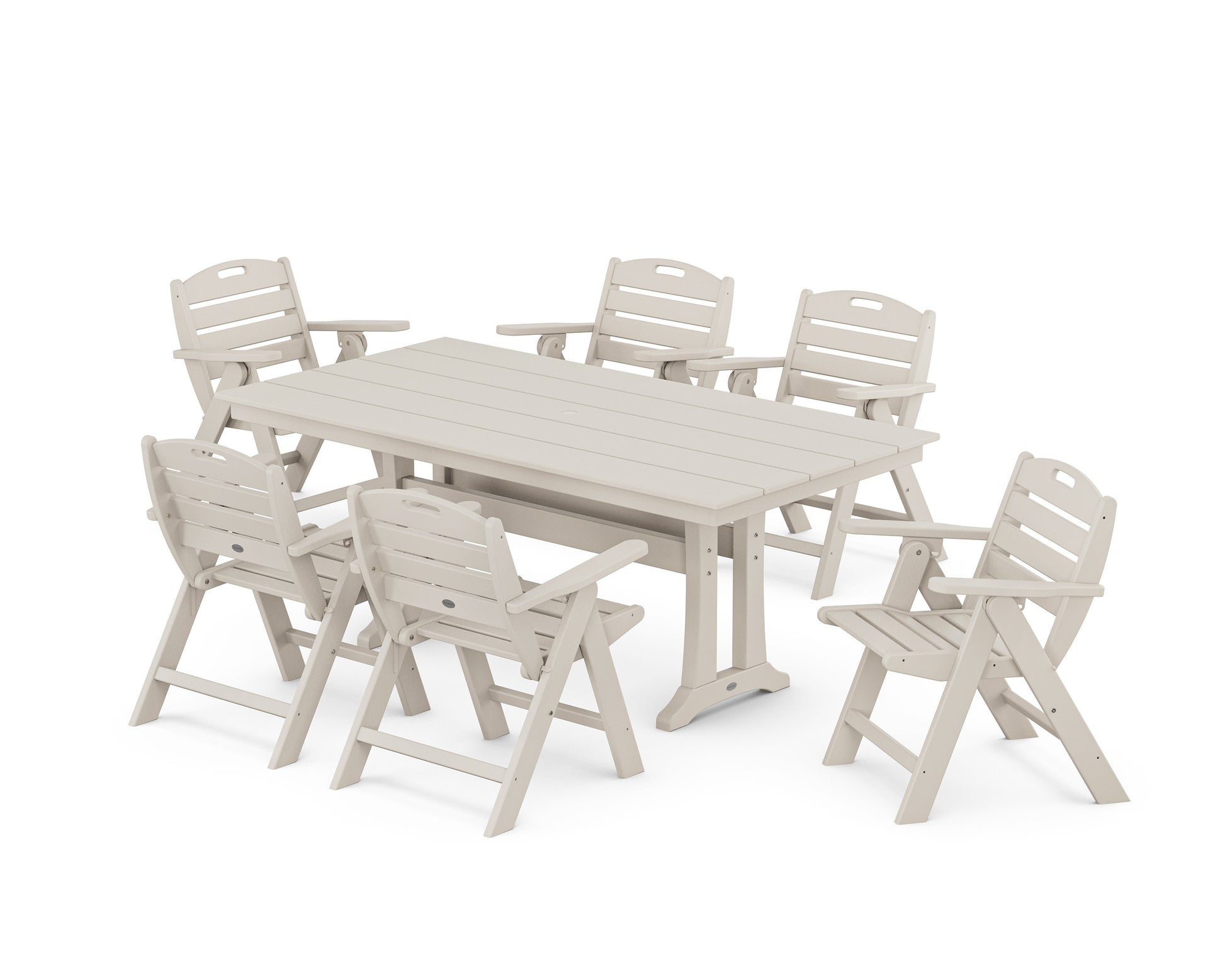 POLYWOOD Nautical Lowback 7-Piece Farmhouse Dining Set with Trestle Legs — Sand