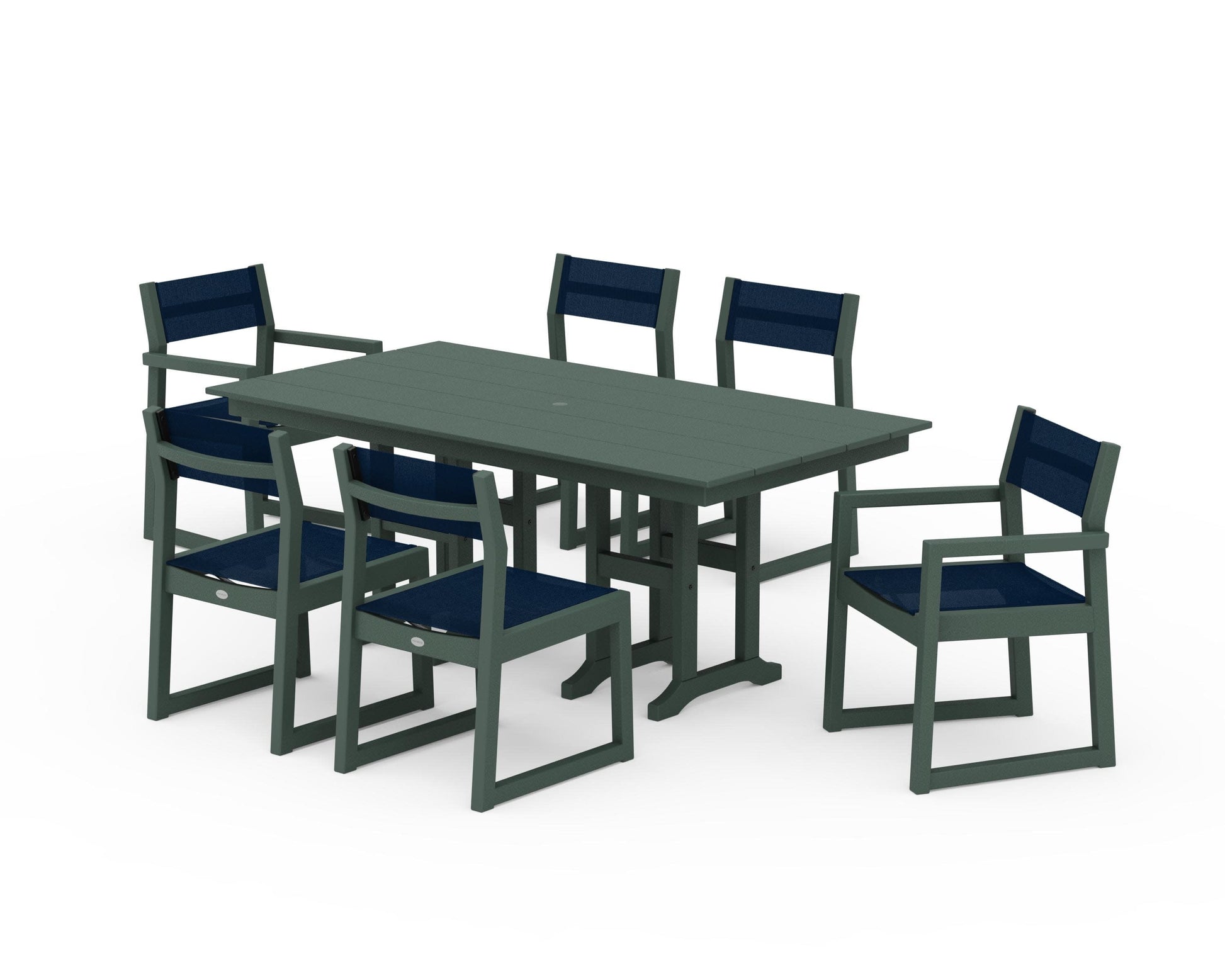 POLYWOOD EDGE Sling 7-Piece Farmhouse Dining Set — Green / Navy Blue Sling