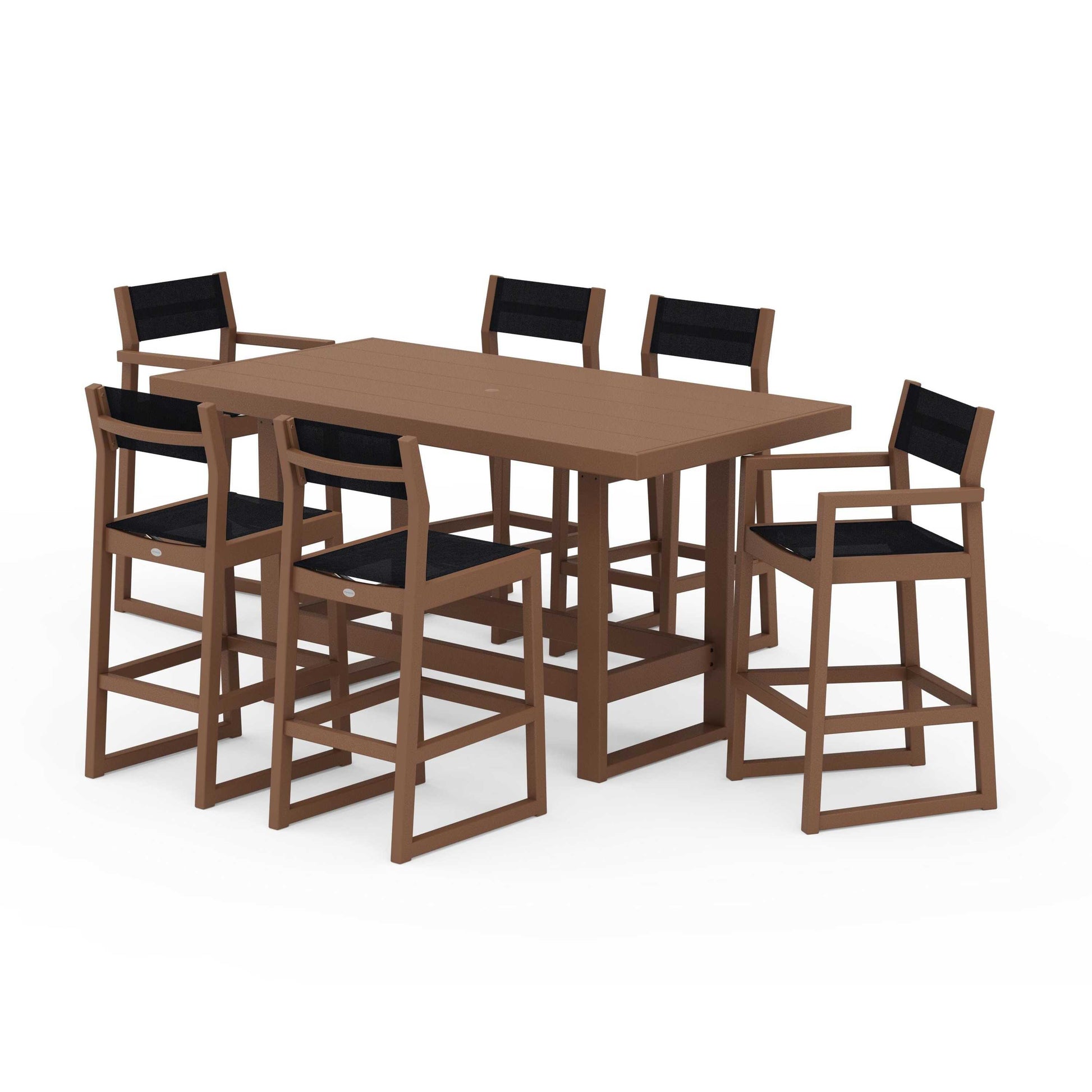 POLYWOOD EDGE Sling 7-Piece Bar Table Set — Teak / Black Sling