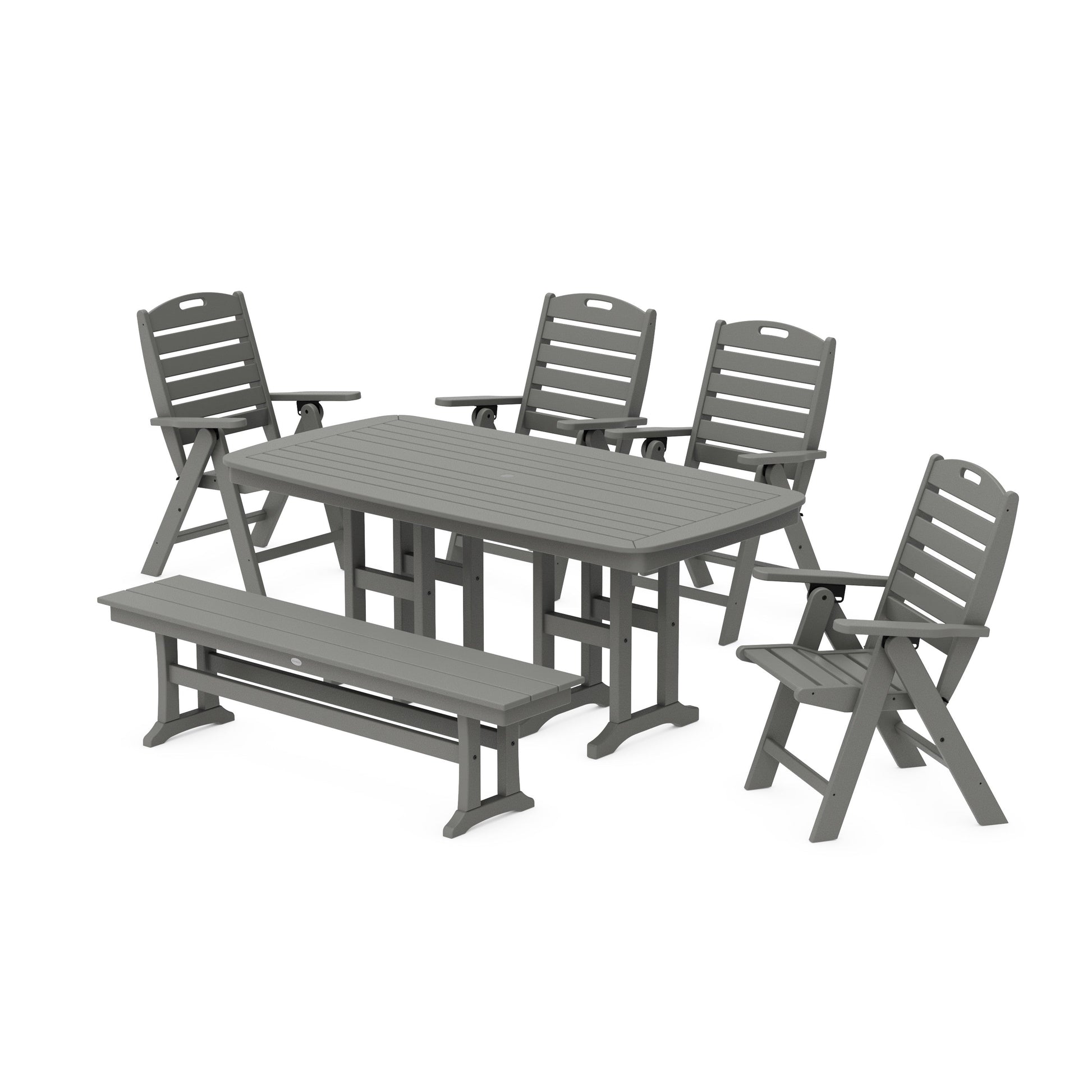POLYWOOD Nautical Highback 6-Piece Dining Set with Bench — Slate Grey