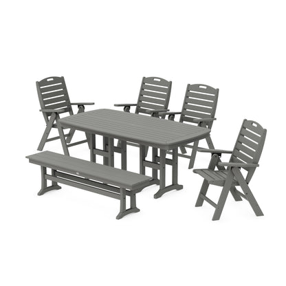 POLYWOOD Nautical Highback 6-Piece Dining Set with Bench — Slate Grey
