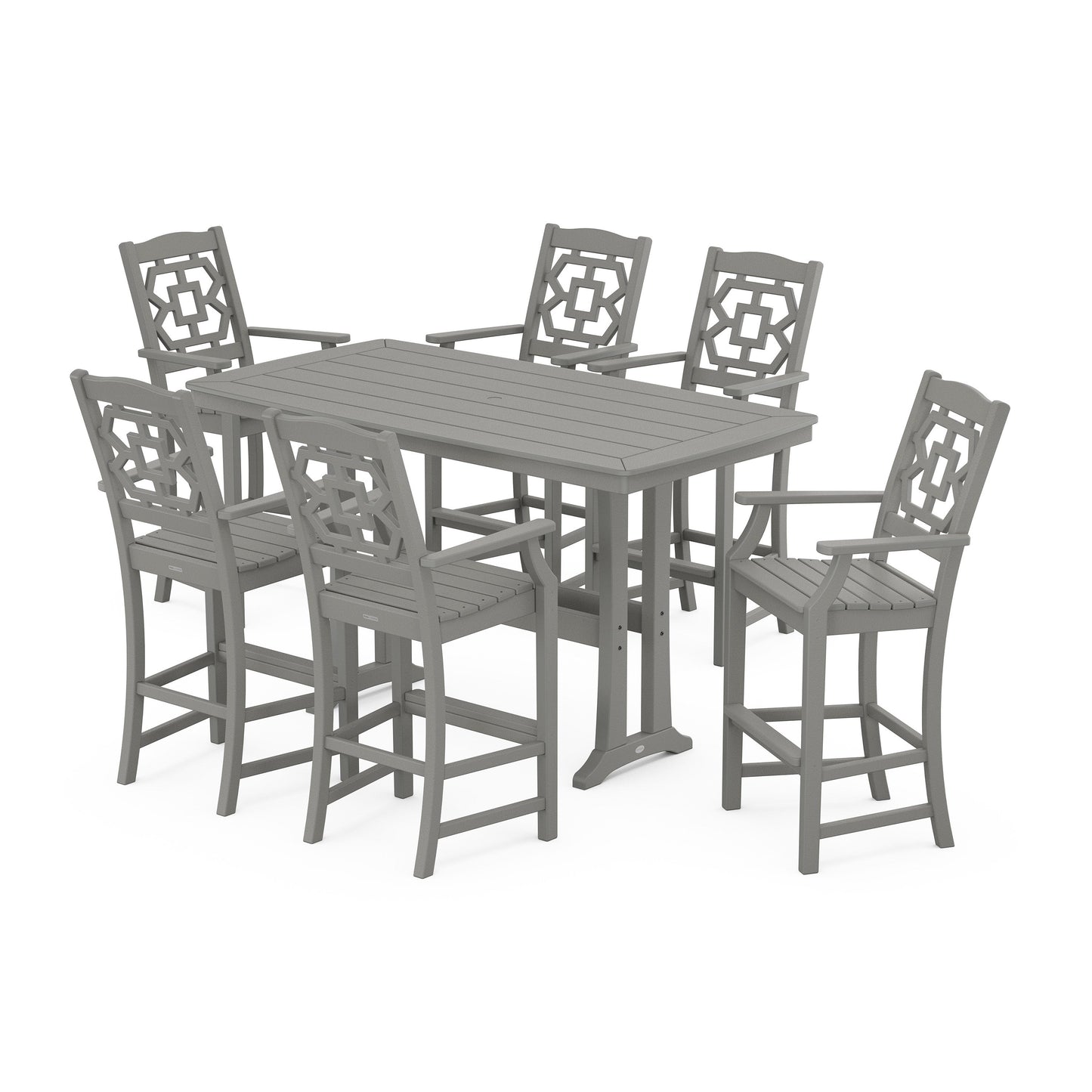 POLYWOOD Chinoiserie Arm Chair 7-Piece Bar Set with Trestle Legs — Slate Grey