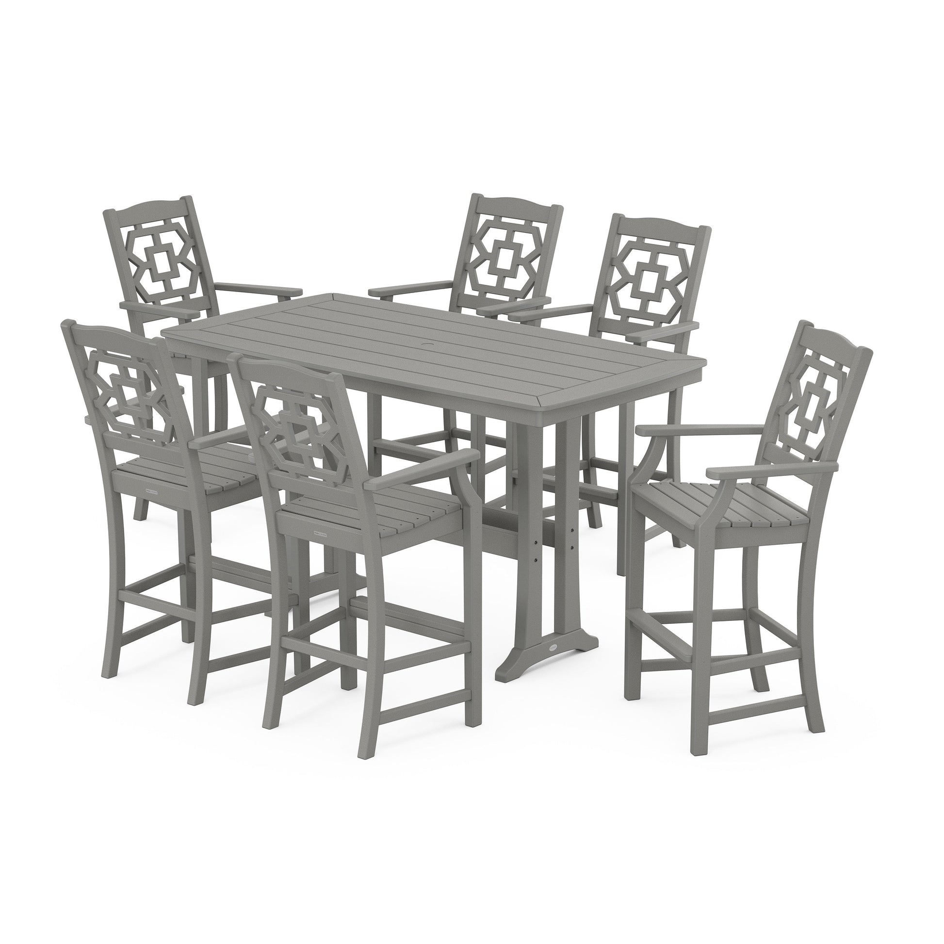 POLYWOOD Chinoiserie Arm Chair 7-Piece Bar Set with Trestle Legs — Slate Grey
