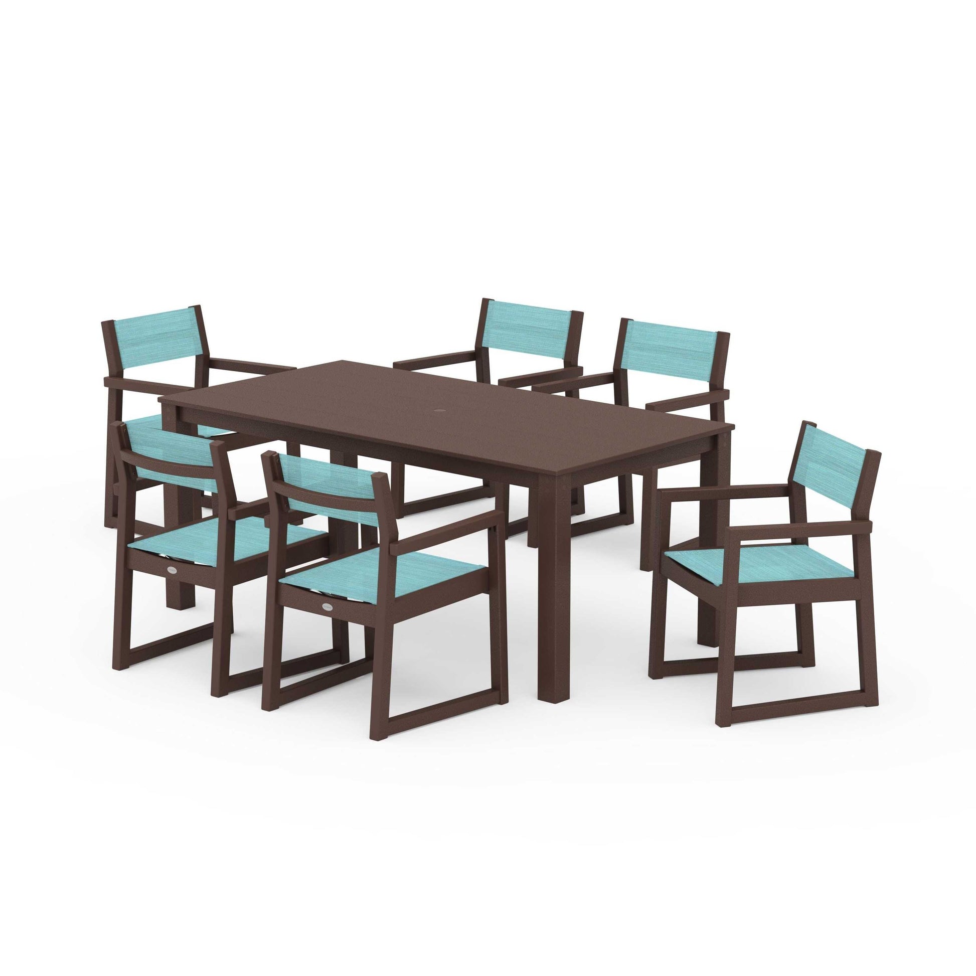 POLYWOOD EDGE Sling Arm Chair 7-Piece Parsons Dining Set — Mahogany / Dupioni Aquamarine Sling