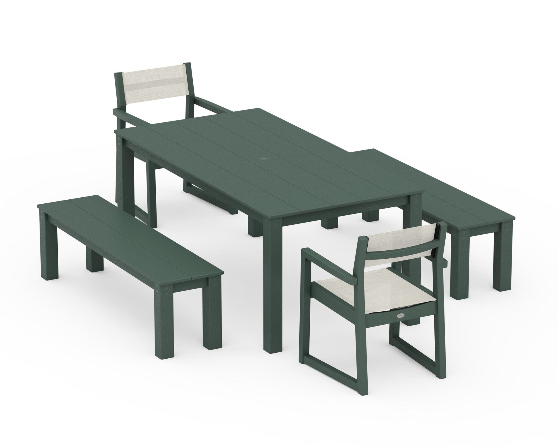POLYWOOD EDGE Sling Arm Chair 5-Piece Parsons Dining Set with Benches — Green / Parchment Sling