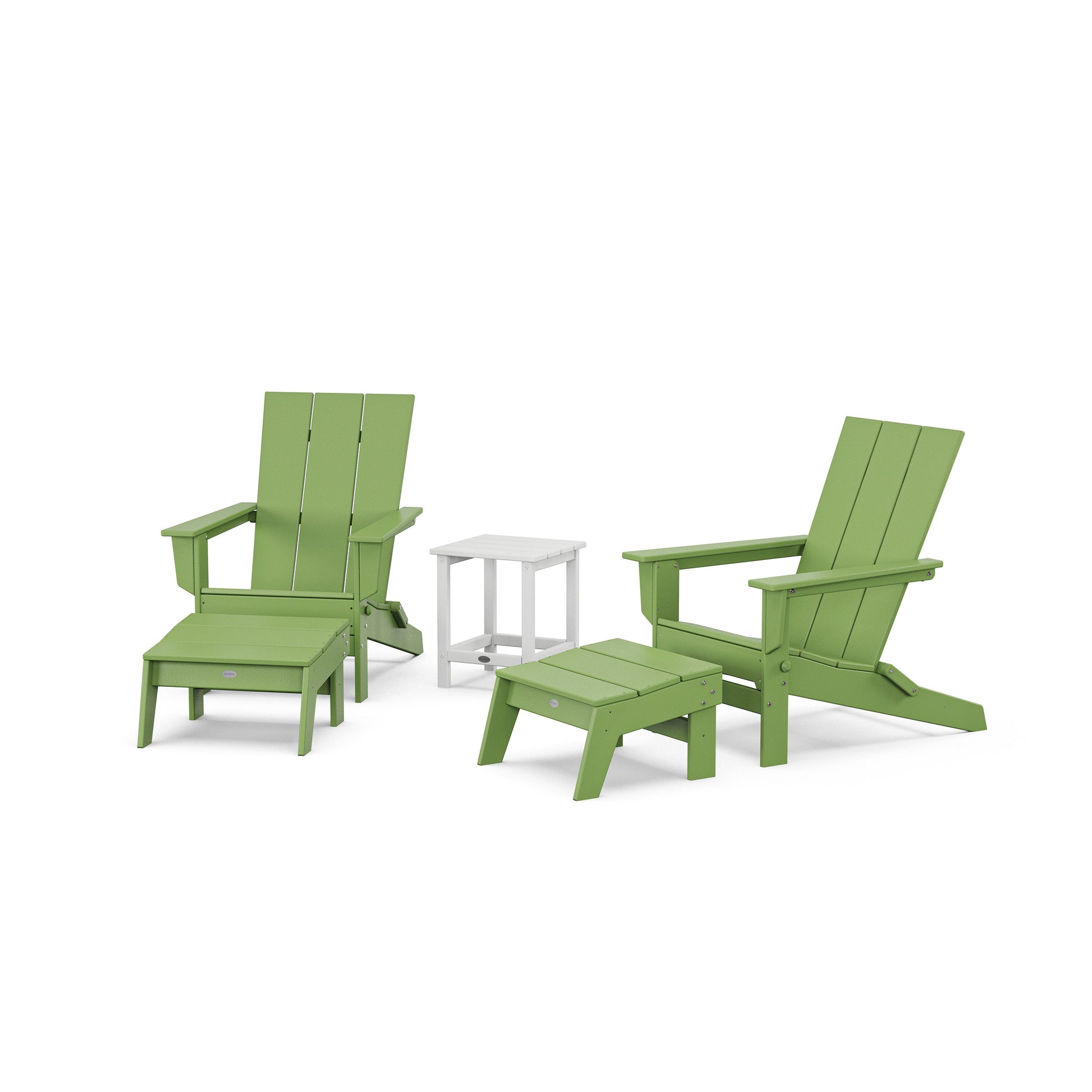 POLYWOOD 5-Piece Modern Studio Folding Adirondack Set with Ottomans and Side Table — Lime / White