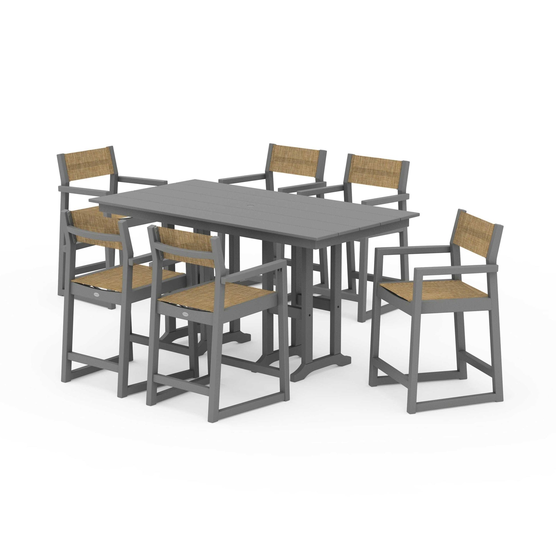 POLYWOOD EDGE Sling Arm Chair 7-Piece Farmhouse Counter Set — Slate Grey / Burlap Sling