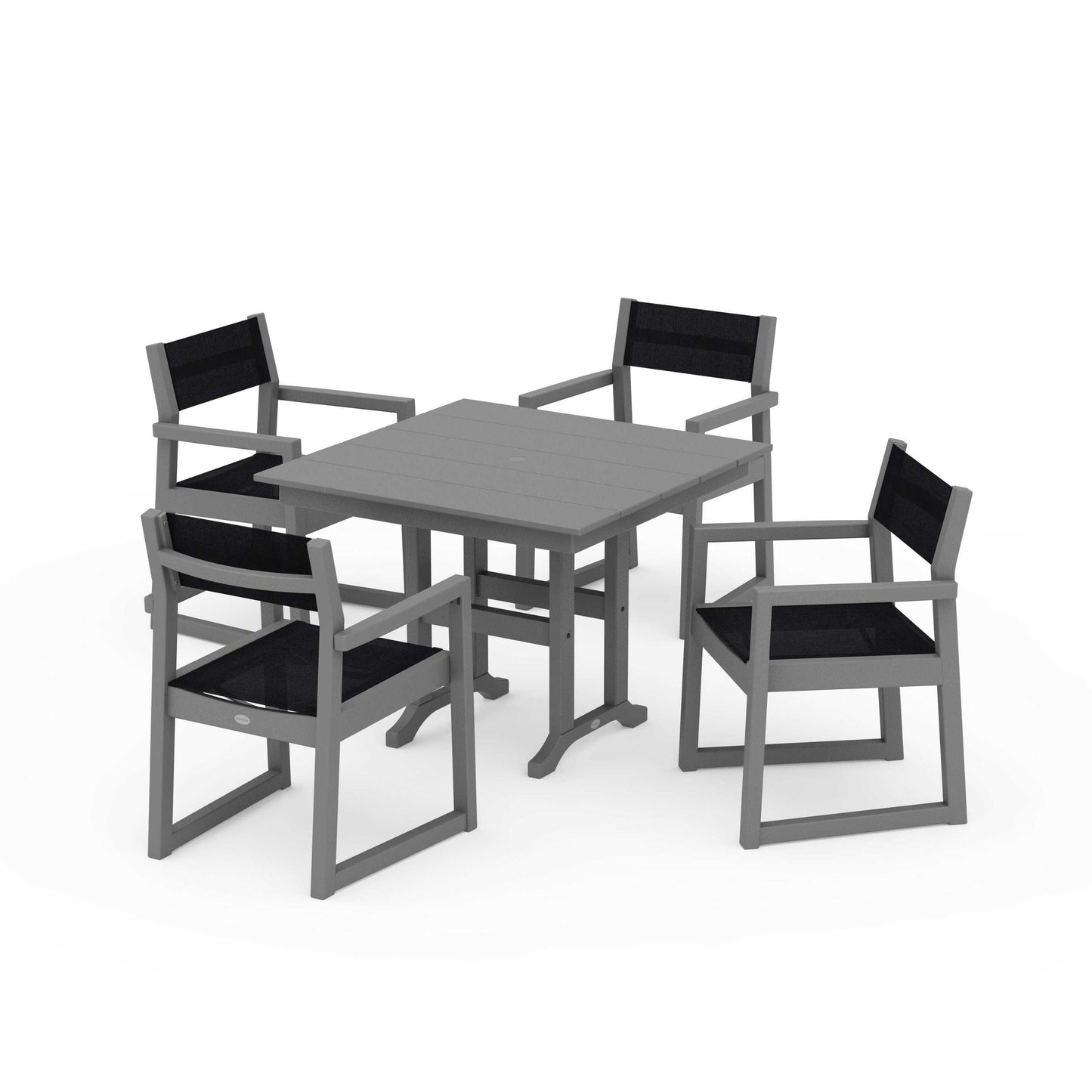 POLYWOOD EDGE Sling Arm Chair 5-Piece Farmhouse Dining Set — Slate Grey / Black Sling
