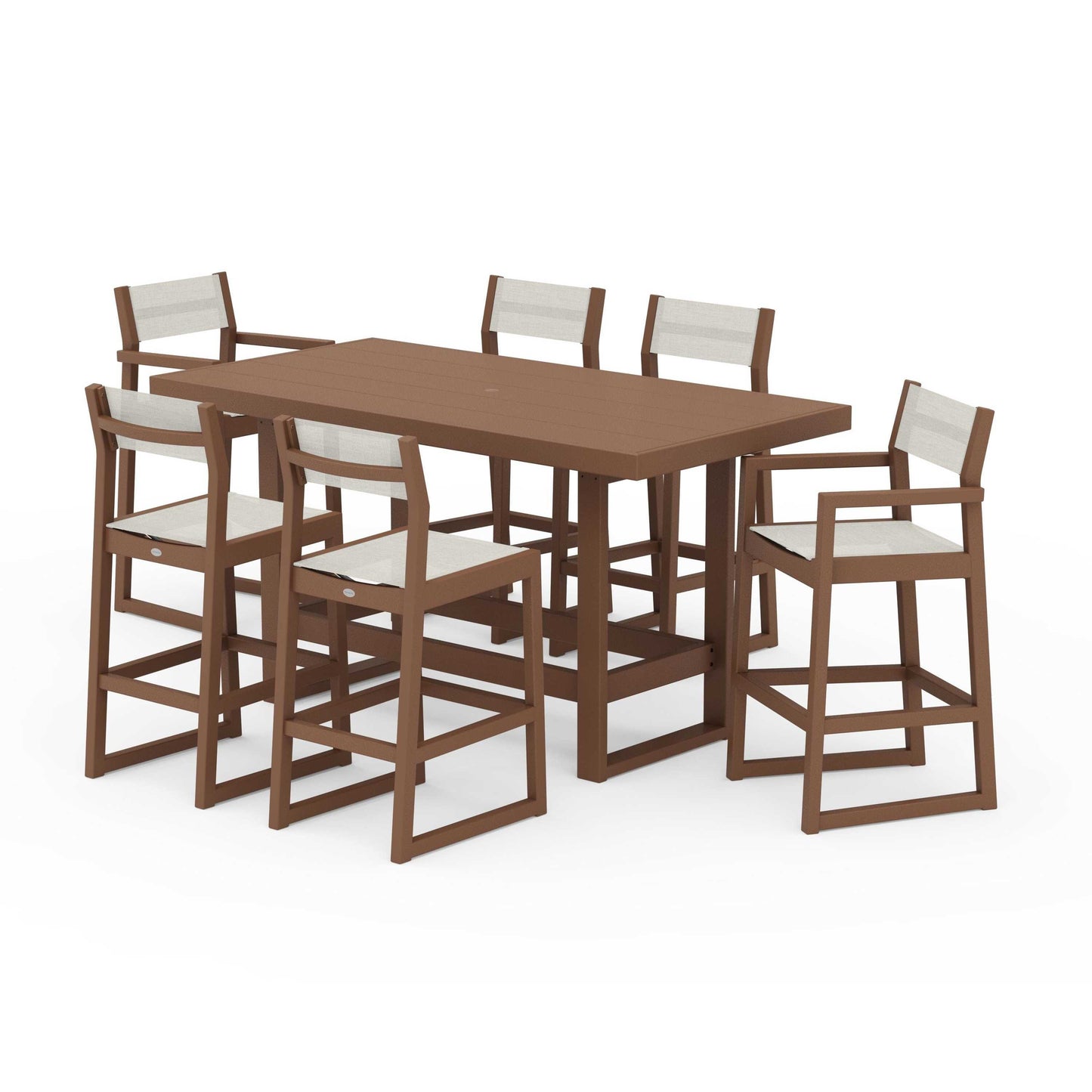 POLYWOOD EDGE Sling 7-Piece Bar Table Set — Teak / Parchment Sling