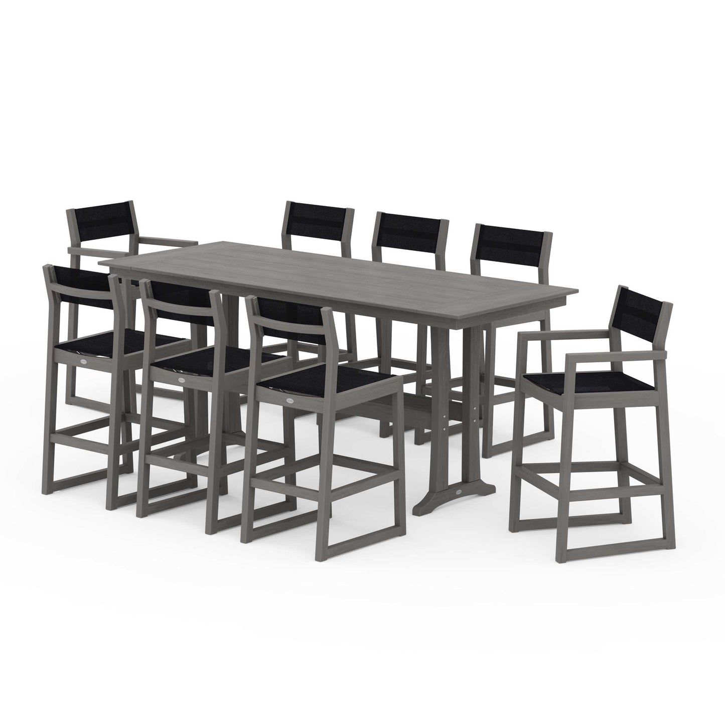 POLYWOOD EDGE Sling 9-Piece Farmhouse Bar Set with Trestle Legs — Driftwood / Black Sling