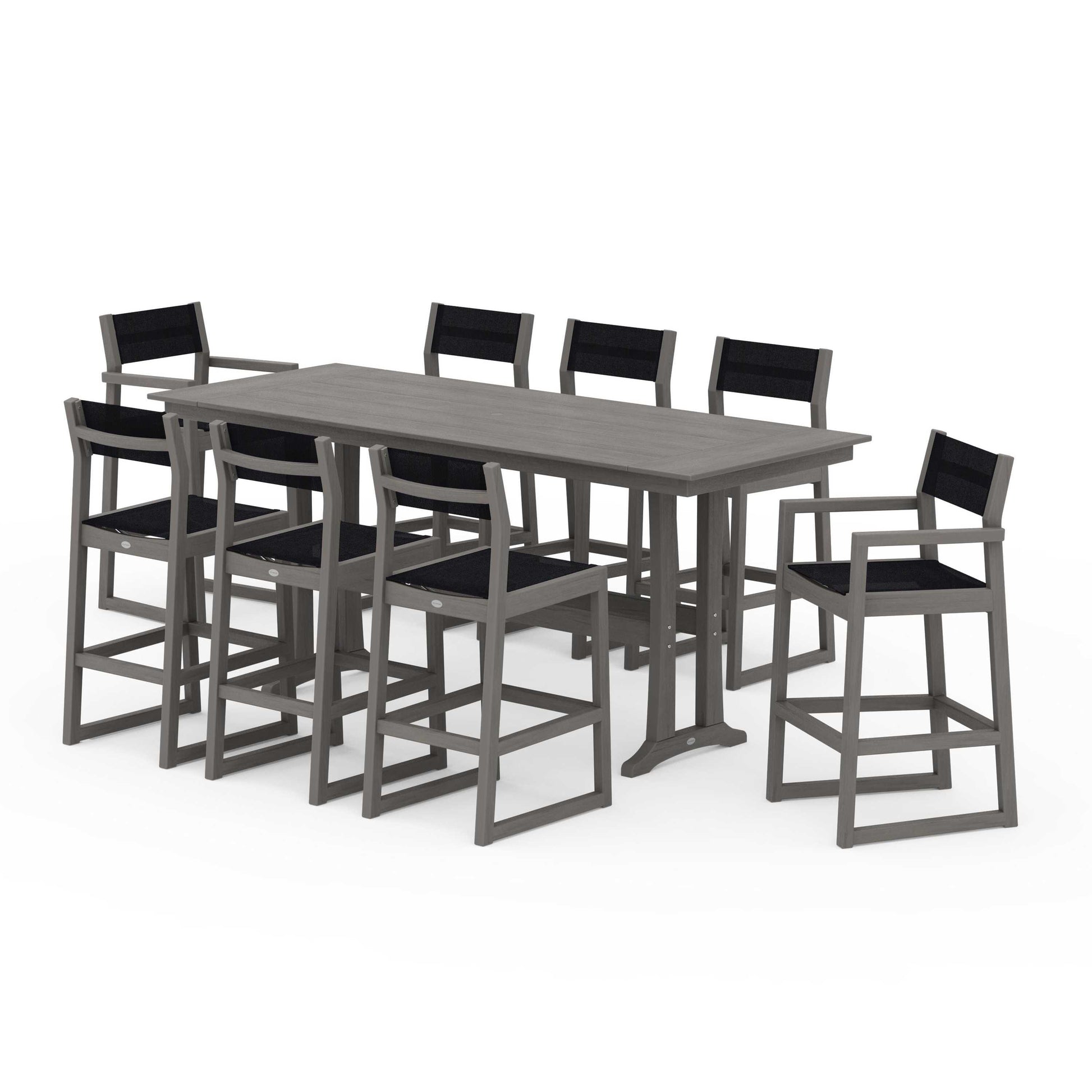 POLYWOOD EDGE Sling 9-Piece Farmhouse Bar Set with Trestle Legs — Driftwood / Black Sling