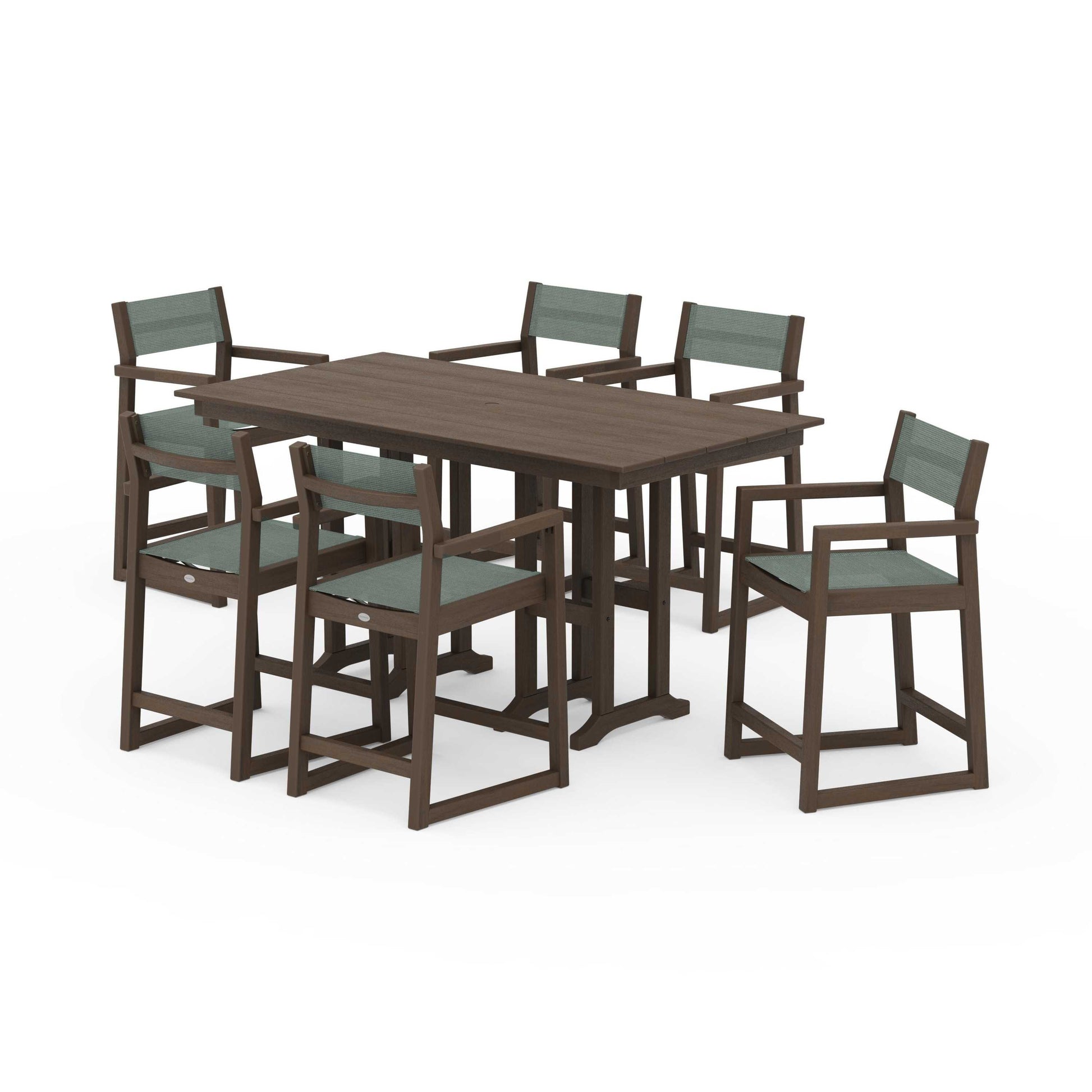 POLYWOOD EDGE Sling Arm Chair 7-Piece Farmhouse Counter Set — Kona / Dupioni Sea Mist Sling