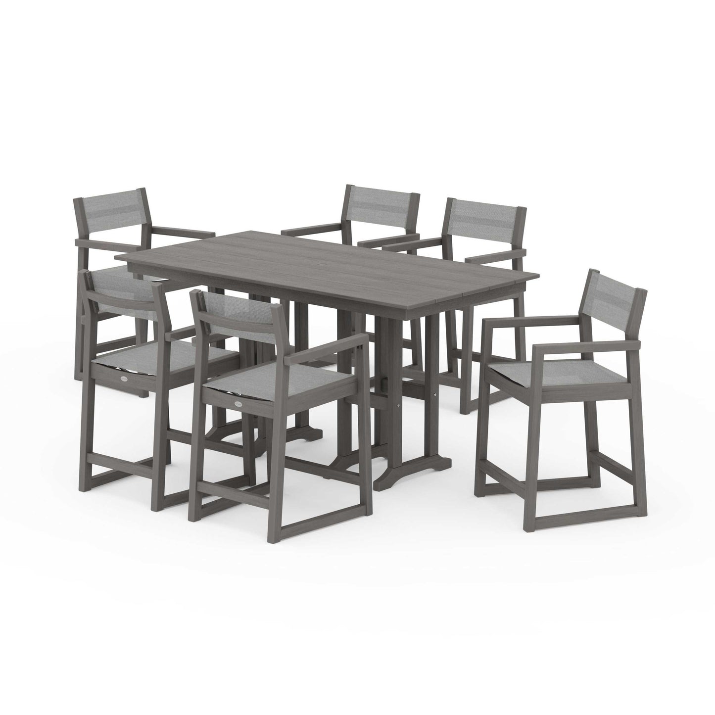 POLYWOOD EDGE Sling Arm Chair 7-Piece Farmhouse Counter Set — Driftwood / Metallic Sling