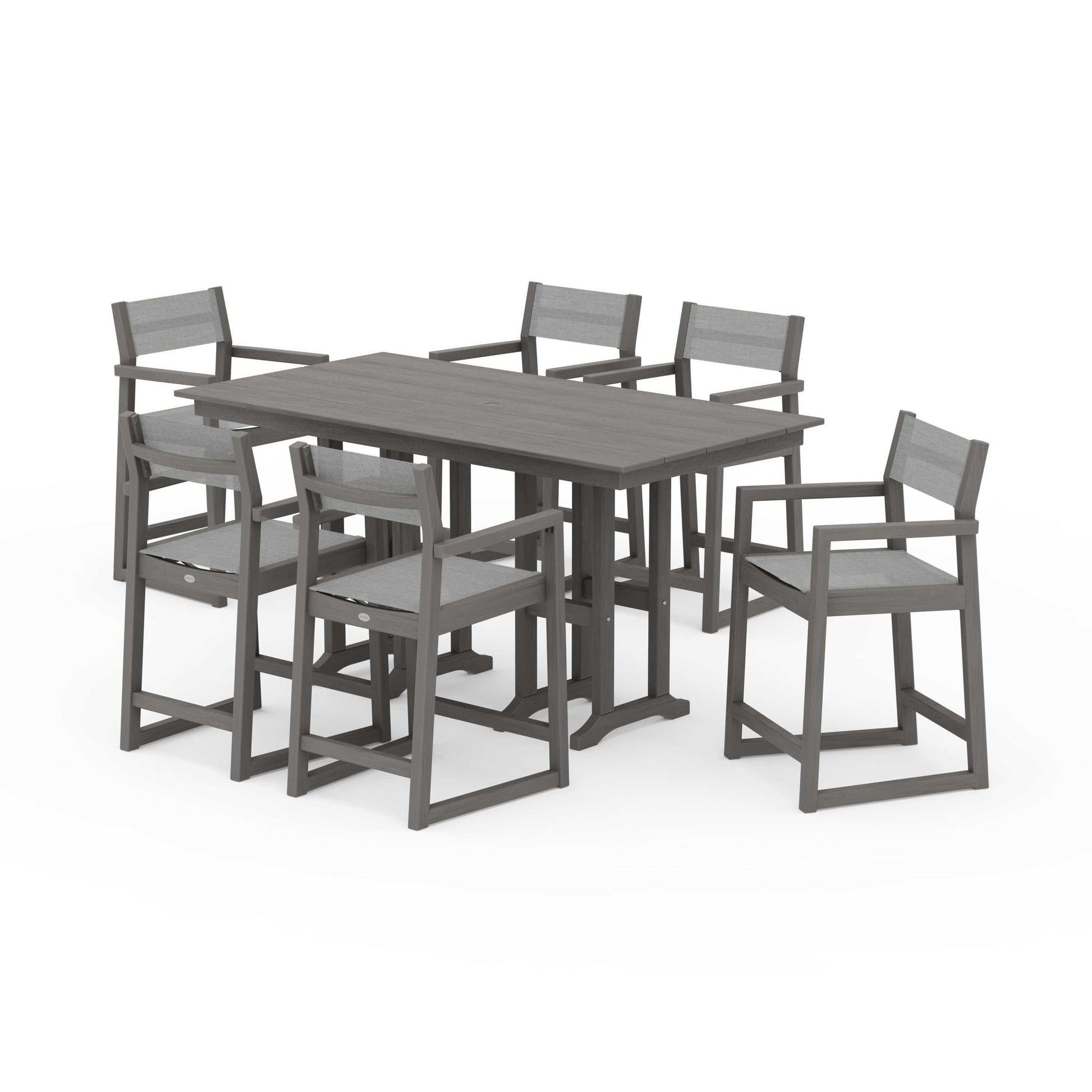 POLYWOOD EDGE Sling Arm Chair 7-Piece Farmhouse Counter Set — Driftwood / Metallic Sling