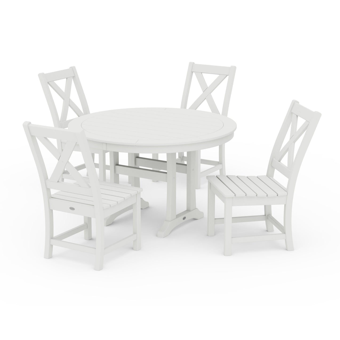 POLYWOOD Braxton Side Chair 5-Piece Round Dining Set With Trestle Legs — Vintage White
