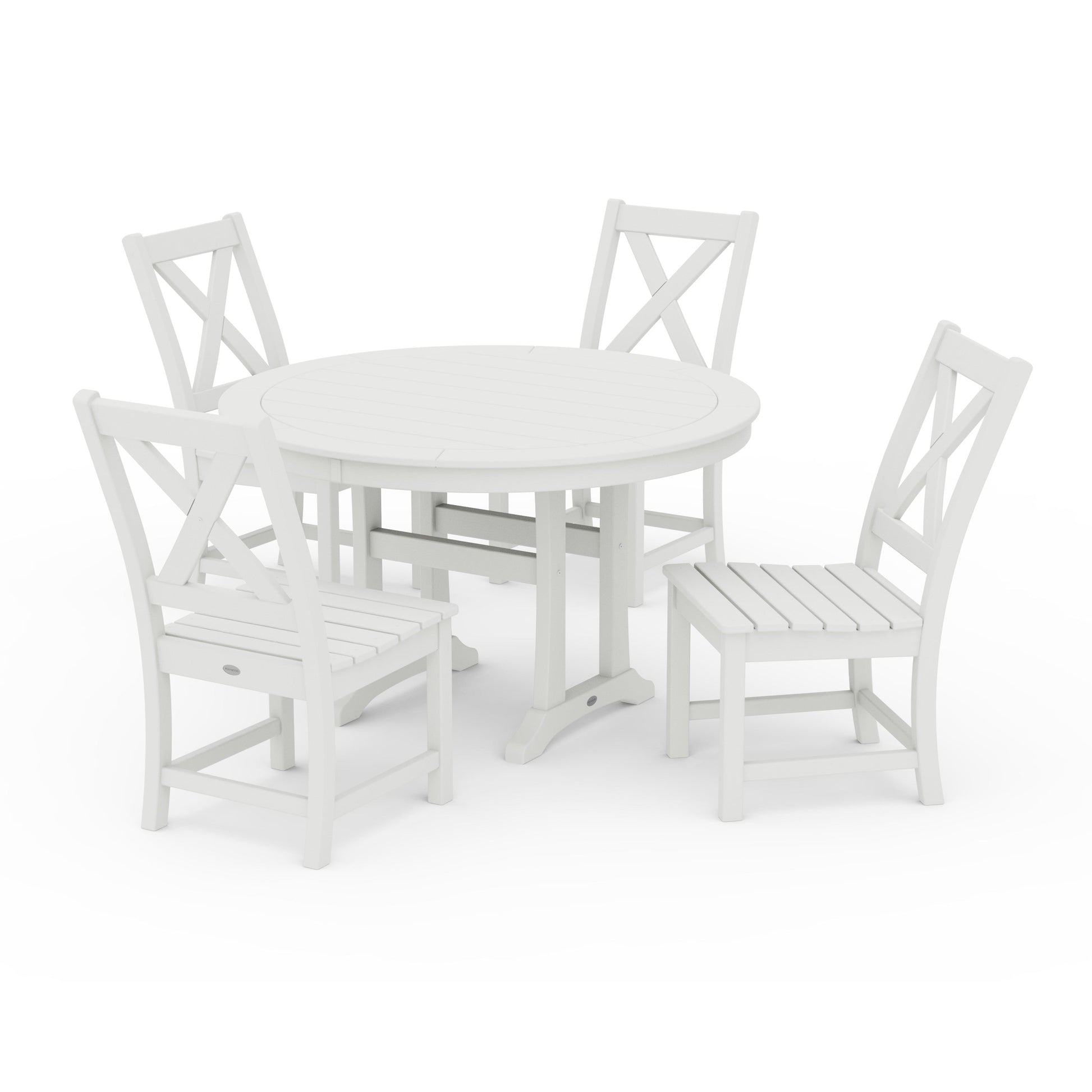 POLYWOOD Braxton Side Chair 5-Piece Round Dining Set With Trestle Legs — Vintage White