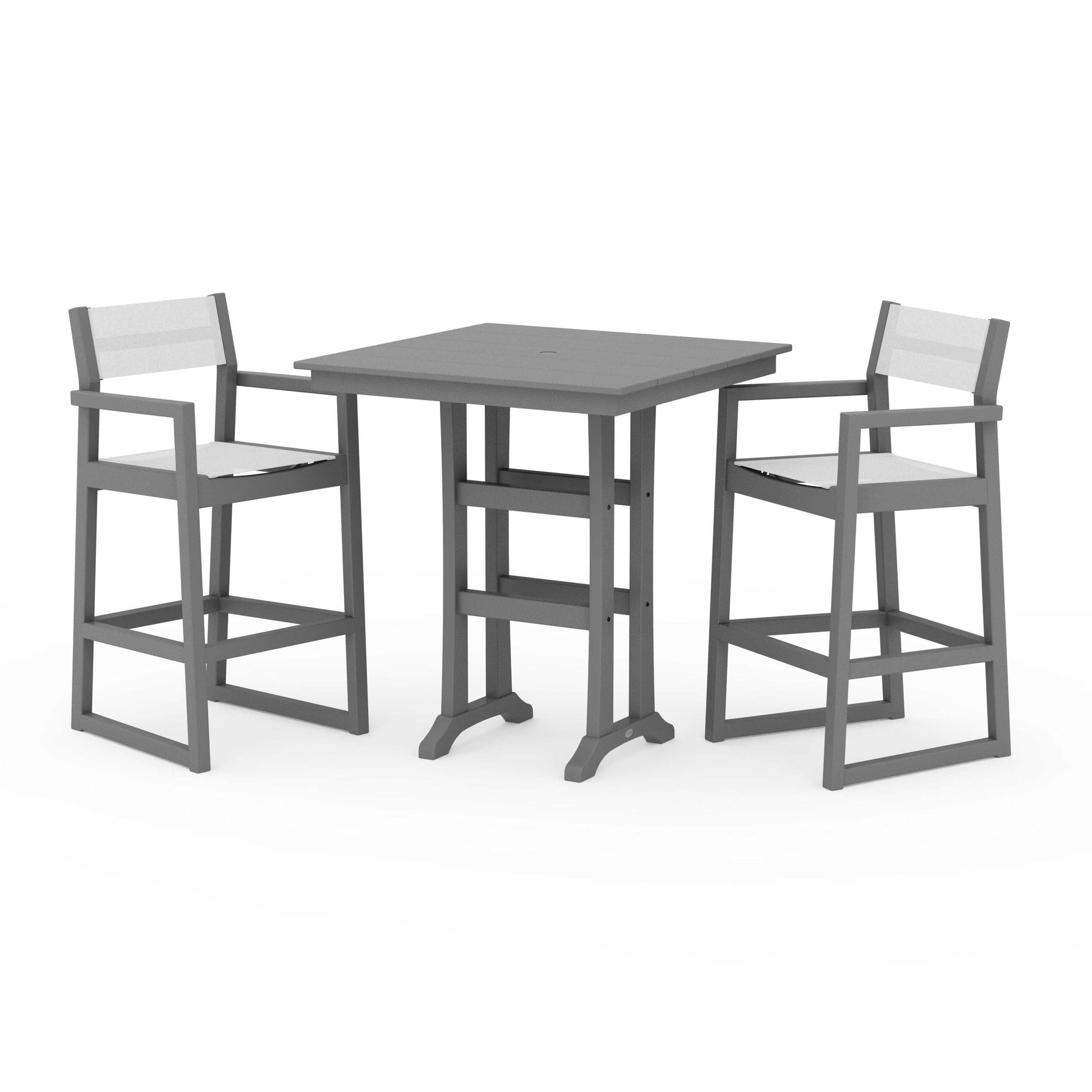 POLYWOOD EDGE Sling Arm Chair 3-Piece Farmhouse Bar Set with Trestle Legs — Slate Grey / White Sling