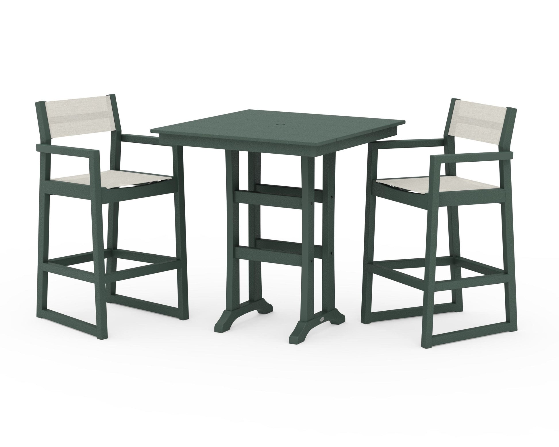 POLYWOOD EDGE Sling Arm Chair 3-Piece Farmhouse Bar Set with Trestle Legs — Green / Parchment Sling