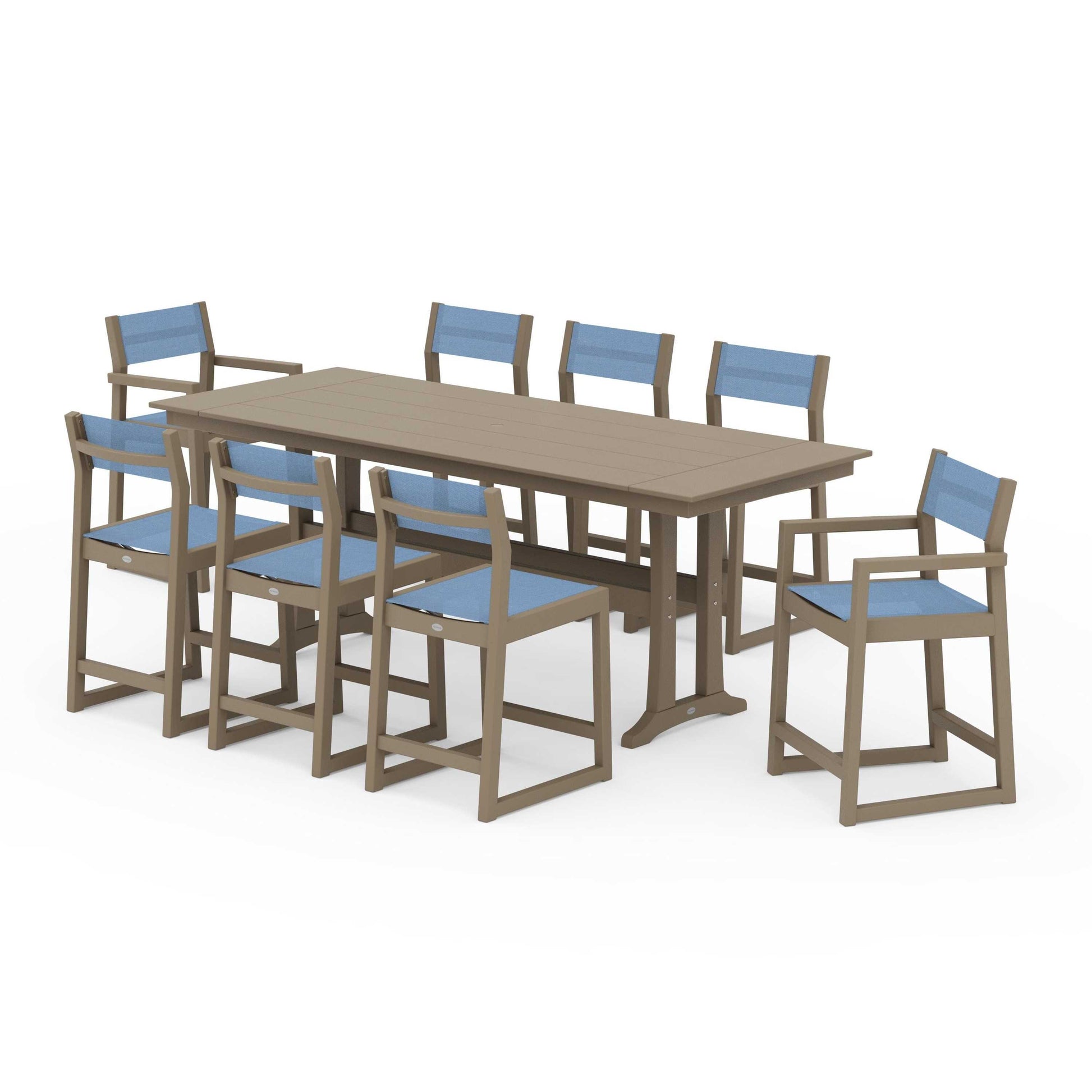POLYWOOD EDGE Sling 9-Piece Farmhouse Counter Set with Trestle Legs — Vintage Sahara / Poolside Sling
