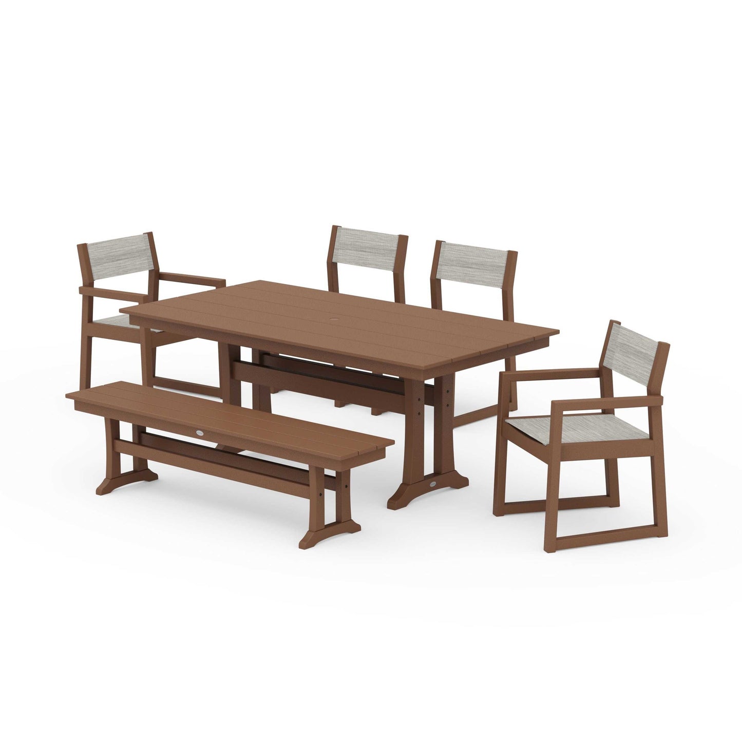 POLYWOOD EDGE Sling 6-Piece Farmhouse Dining Set With Trestle Legs — Teak / Birch Sling
