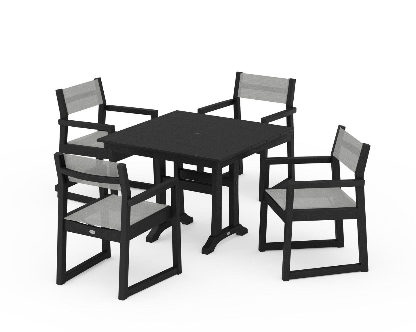 POLYWOOD EDGE Sling 5-Piece Farmhouse Dining Set with Trestle Legs — Black / Metallic Sling
