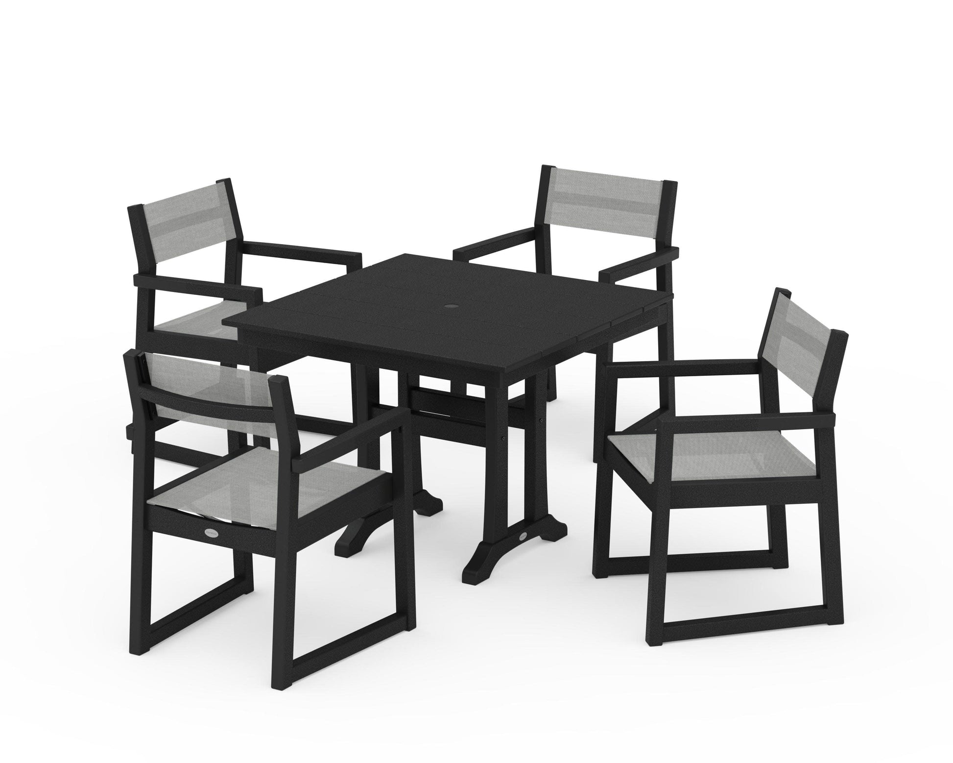 POLYWOOD EDGE Sling 5-Piece Farmhouse Dining Set with Trestle Legs — Black / Metallic Sling