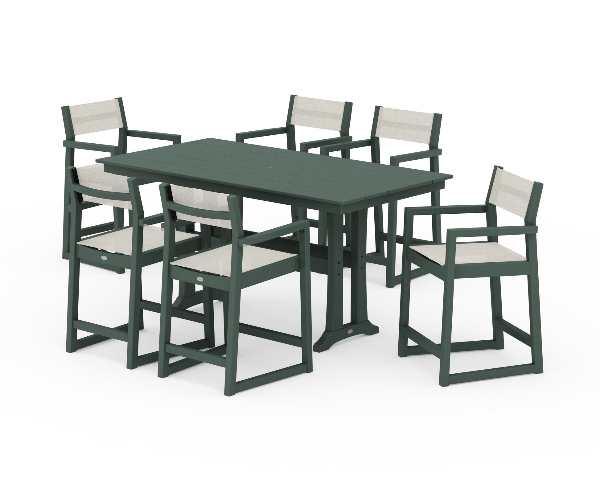 POLYWOOD EDGE Sling Arm Chair 7-Piece Farmhouse Counter Set with Trestle Legs — Green / Parchment Sling