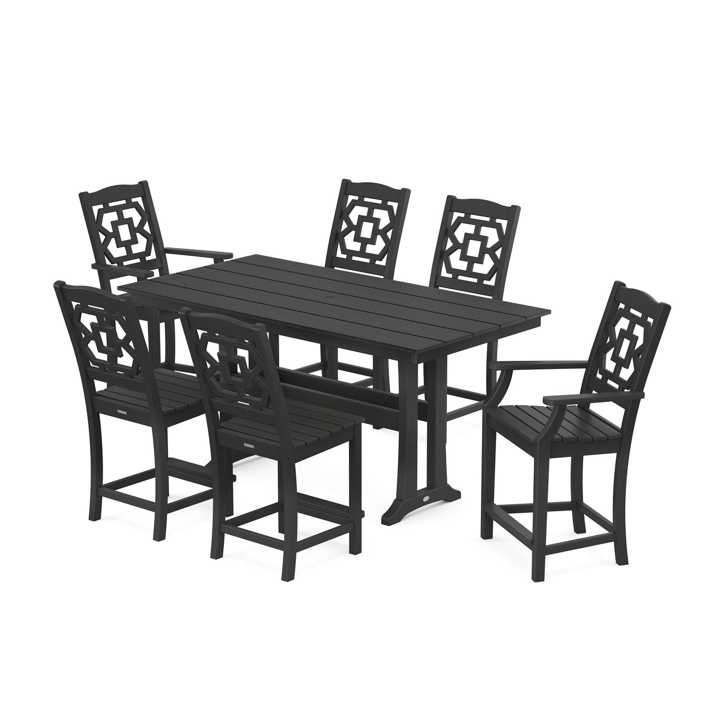 POLYWOOD Chinoiserie 7-Piece Farmhouse Counter Set with Trestle Legs — Black